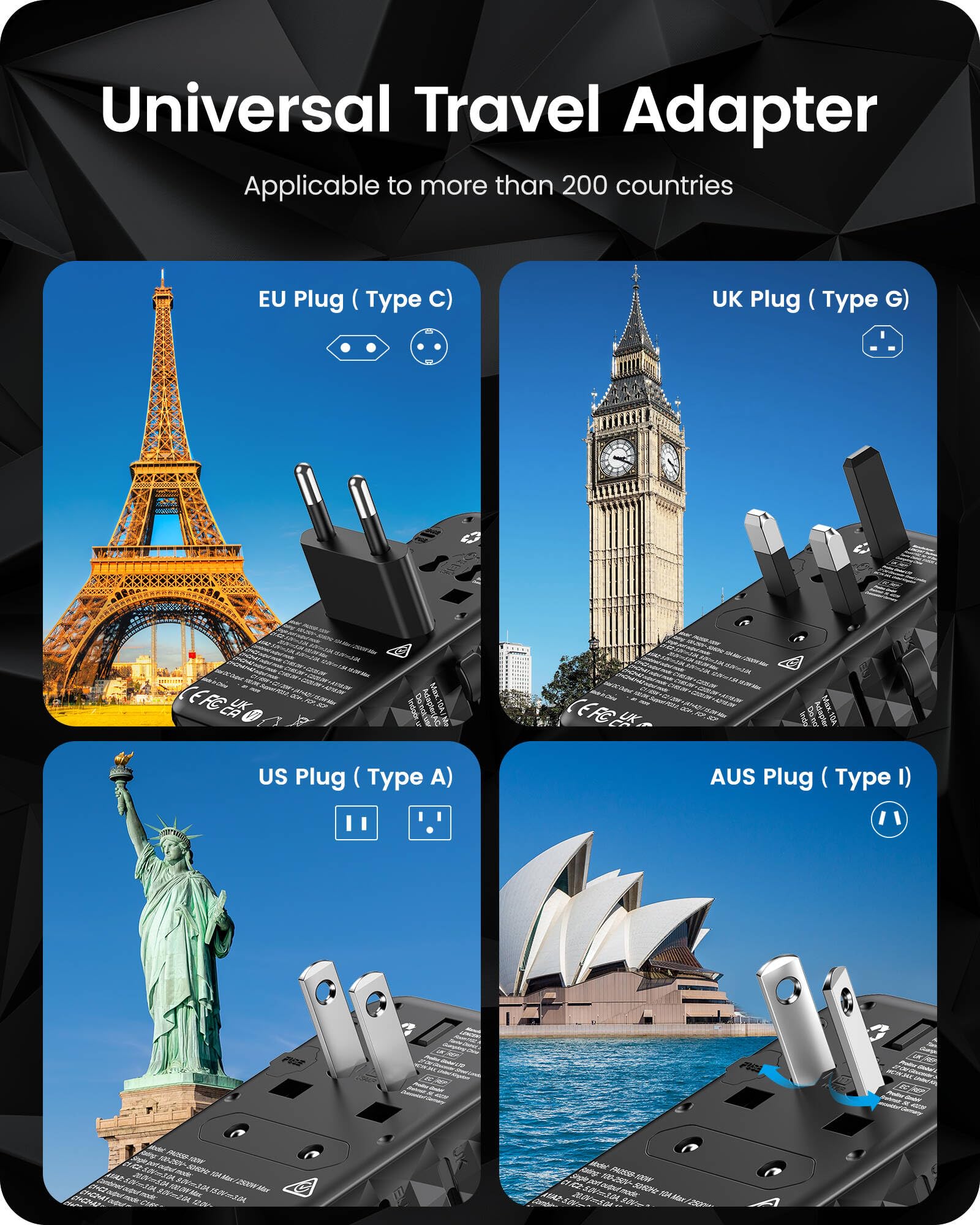 Lencent 100W International Travel Adapter, Gan Universal Travel Adapter With 2 Usb A & 2 Type C Power Adapter, Fast Charger For