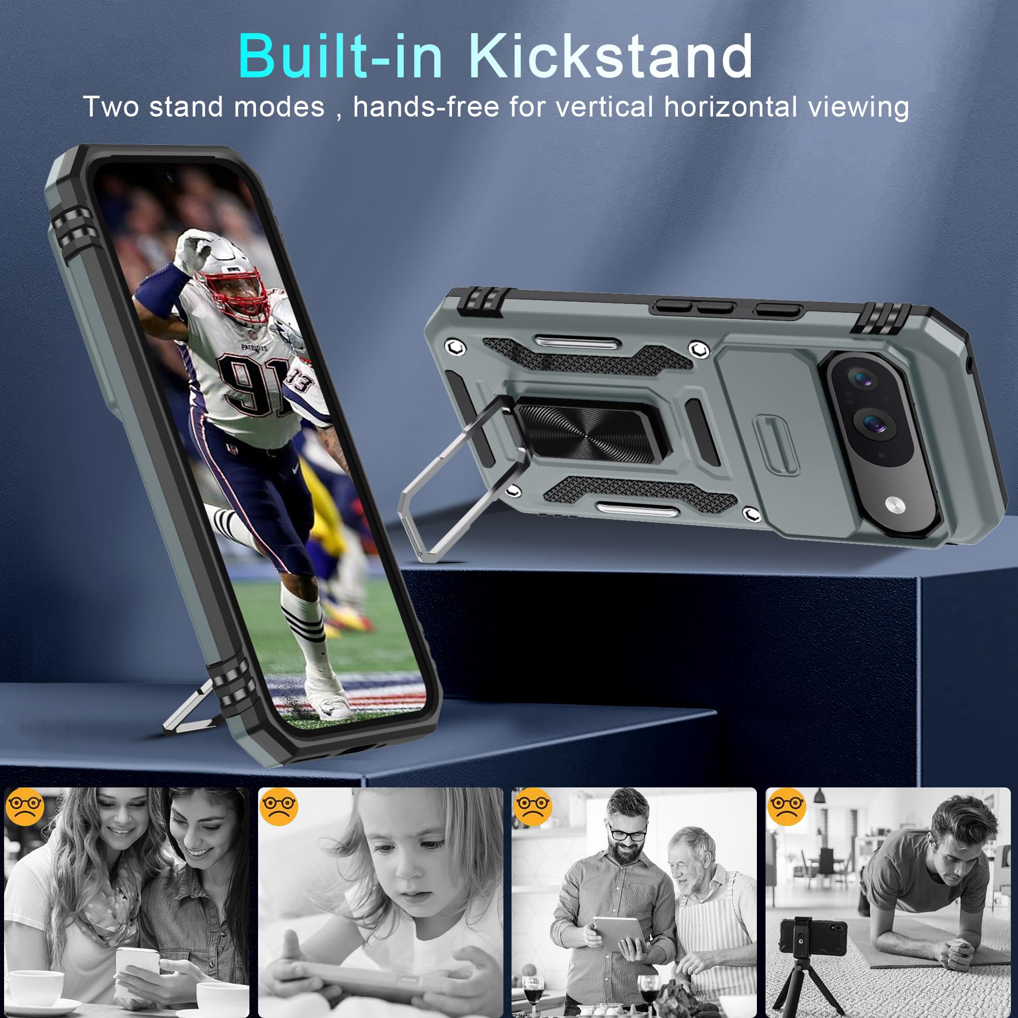 Deerlamn Case For Google Pixel 9/9 Pro With Slide Camera Cover+Screen Protector(1 Pack), Rotated Ring Kickstand Military Grade S