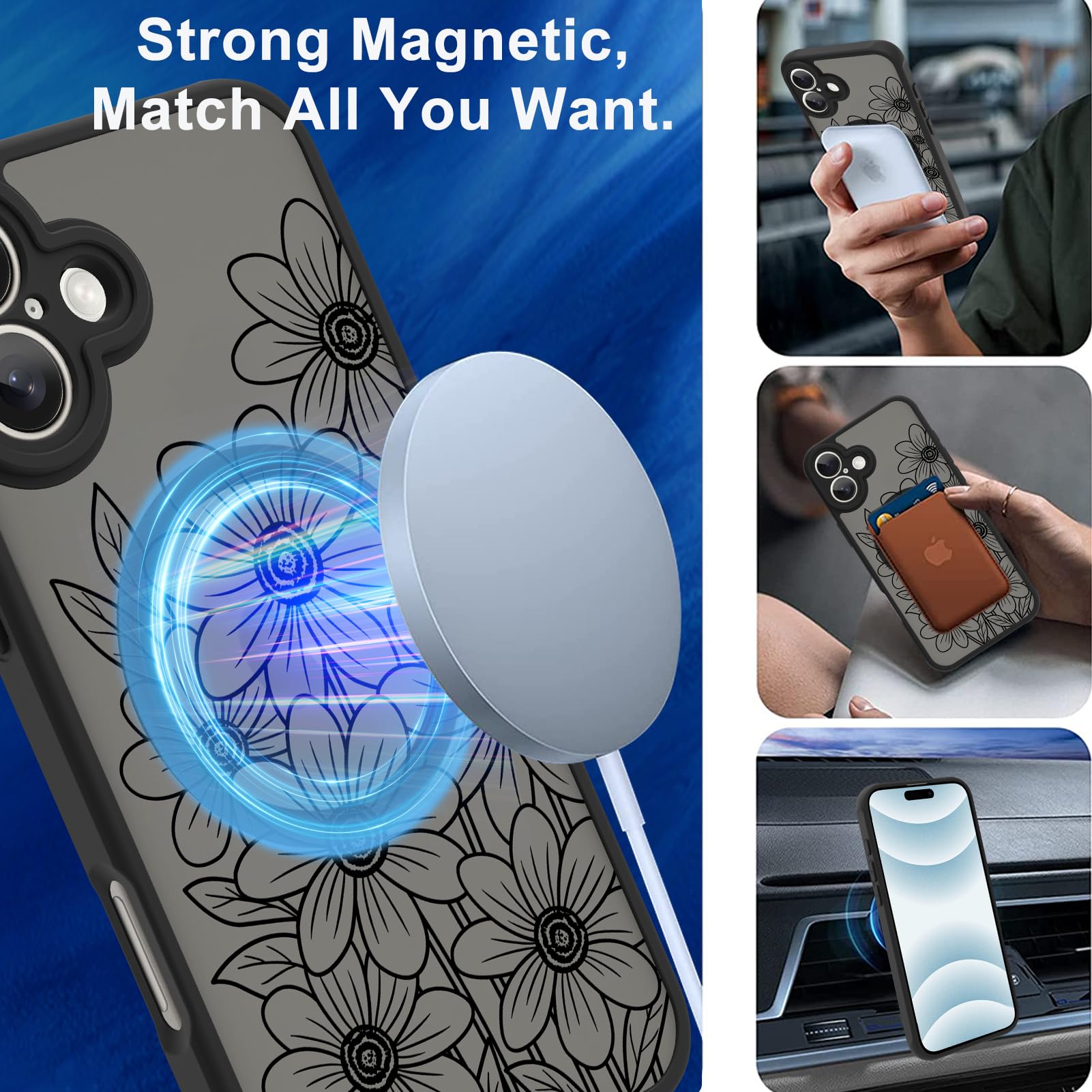 Ook Magnetic For Iphone 16 Plus Case Black Flower Sunflower Pattern [Compatible With Magsafe] Slim Translucent Matte Camera Lens