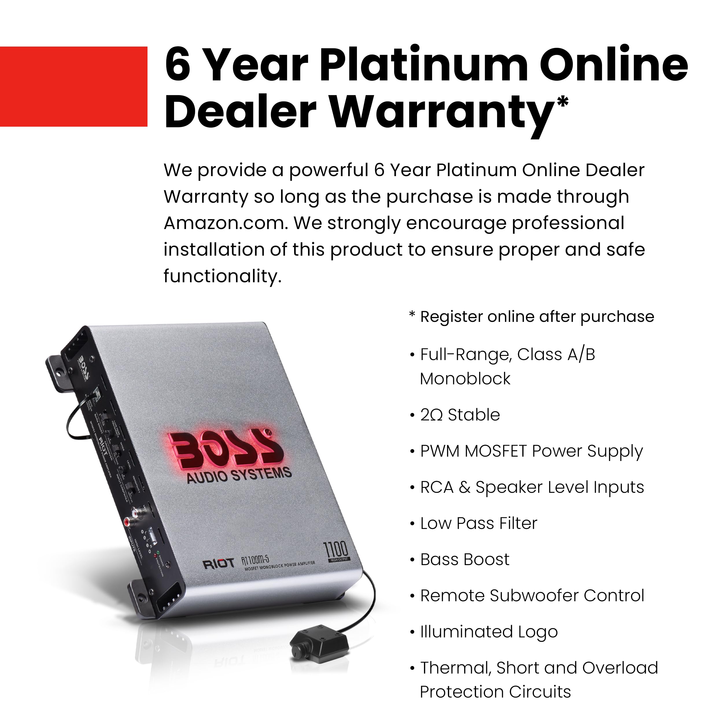 Boss Audio Systems R1100M S Monoblock Car Amplifier   1100 High Output, 2 8 Ohm Stable, Low/High Level Inputs, Low Pass Crossove