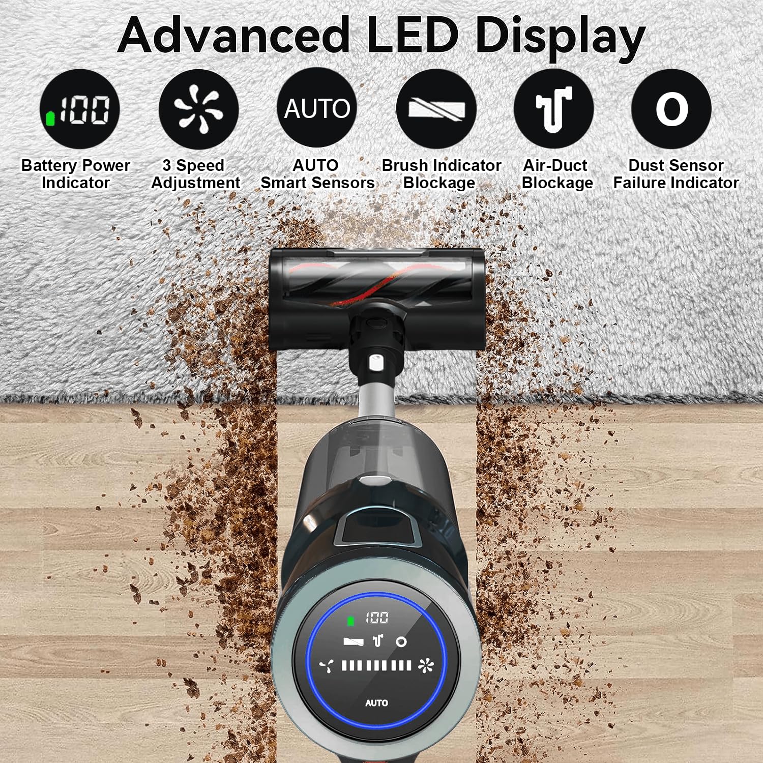 Vyklo V12 Cordless Vacuum Cleaner, 400W/32Kpa Cordless Stick Vacuum With Touch Screen, 65Mins Runtime, Lightweight Powerful Suct