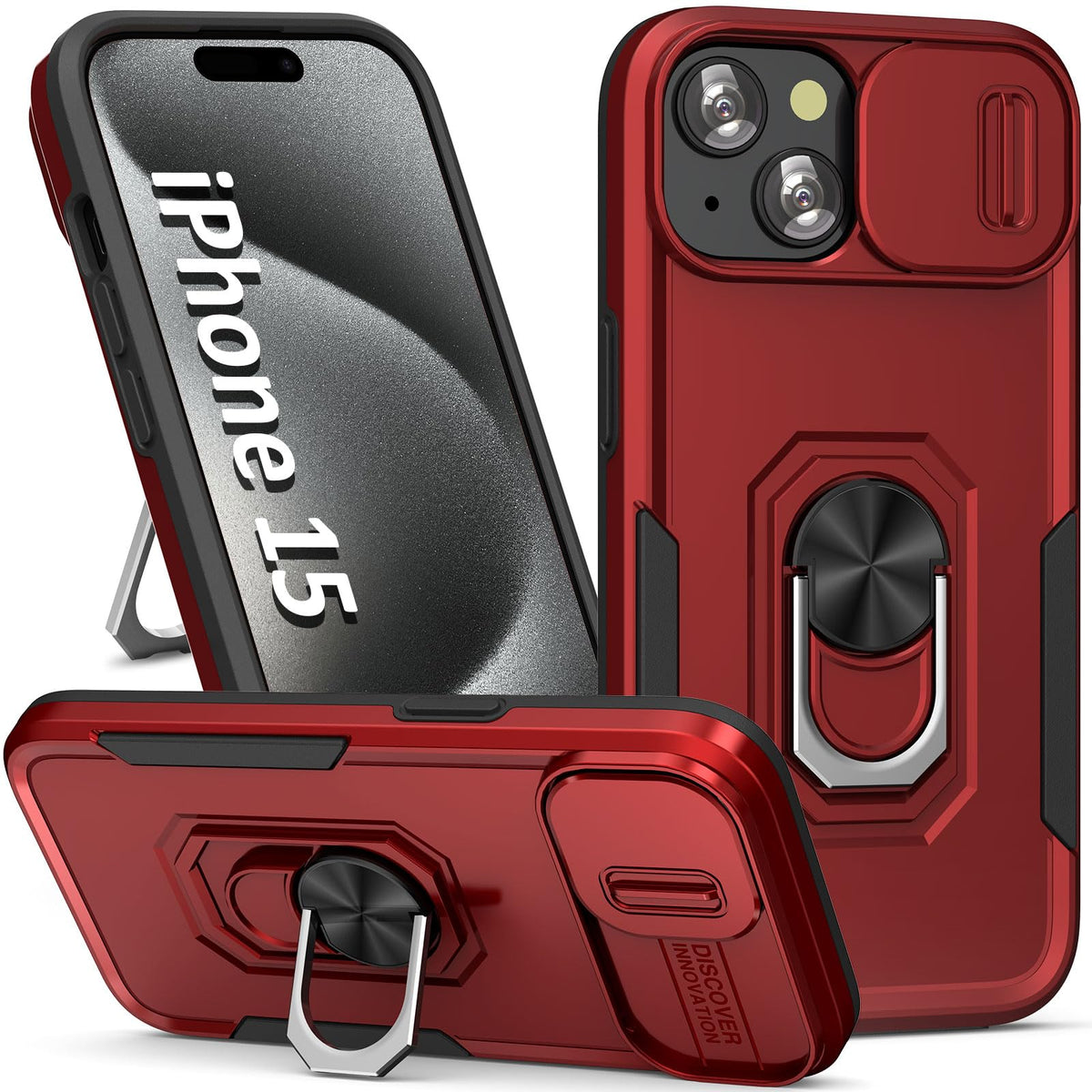 Sefing Case For Iphone 15 Phone Case Iphone 15 Case With Kickstand Ring Holder, With Camera Cover, With Magnetic Car Mount Funct