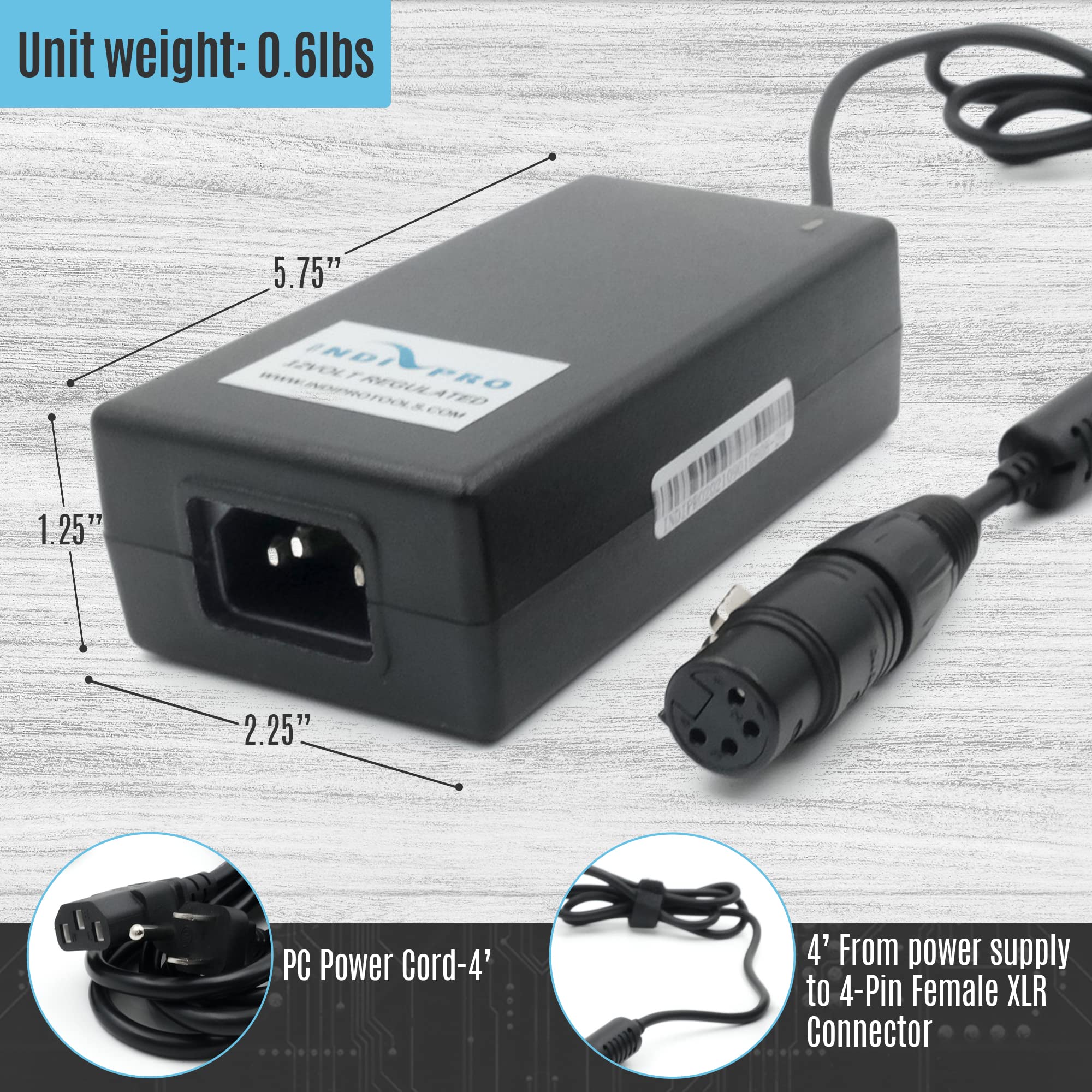 Indipro 12V, 10A Ac Power Supply With 4 Pin Neutrix Xlr Female Connector | Power Pro Cameras, Lights & Other Devices | Provide Continuous Power | Accepts 100 To 240 Vac Power | 8� In Length