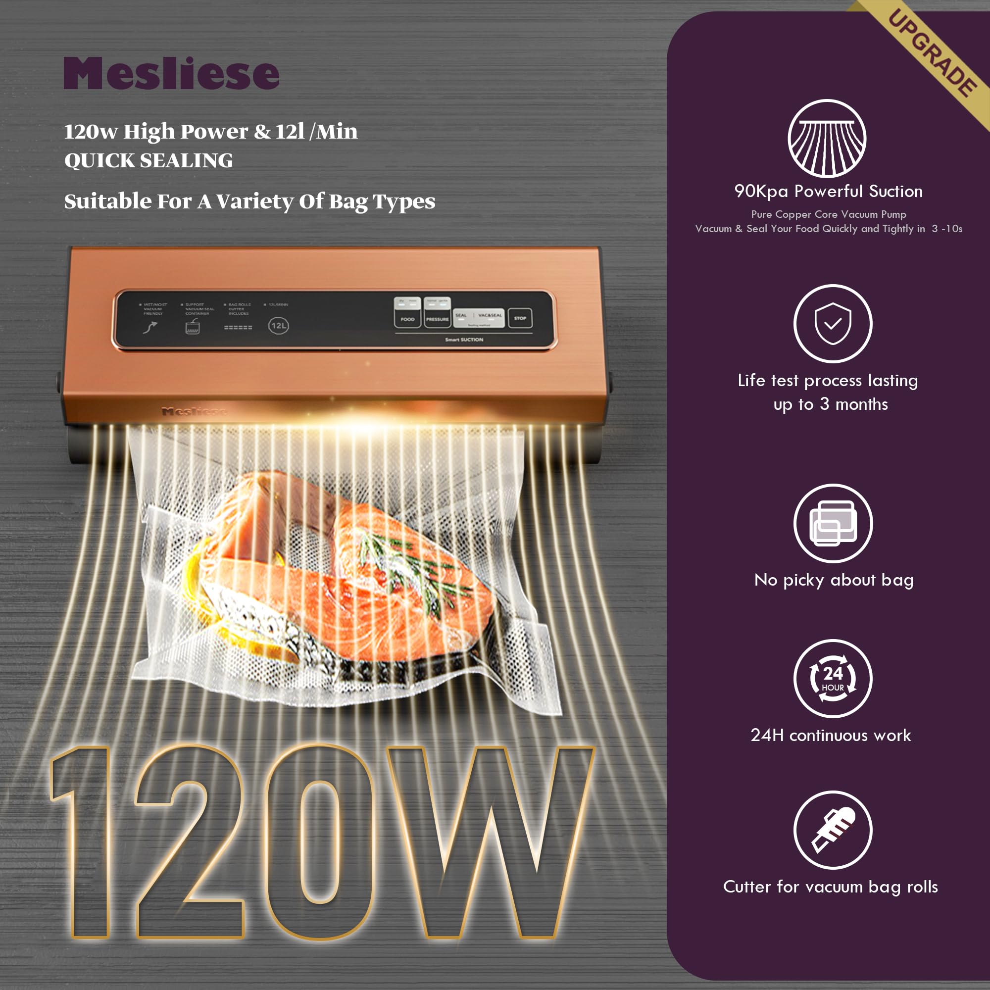 Mesliese Vacuum Sealer Machine Powerful 90Kpa Precision 6 In 1 Compact Vacuum Food Preservation System Built In Cutter, 2 Bag Ro