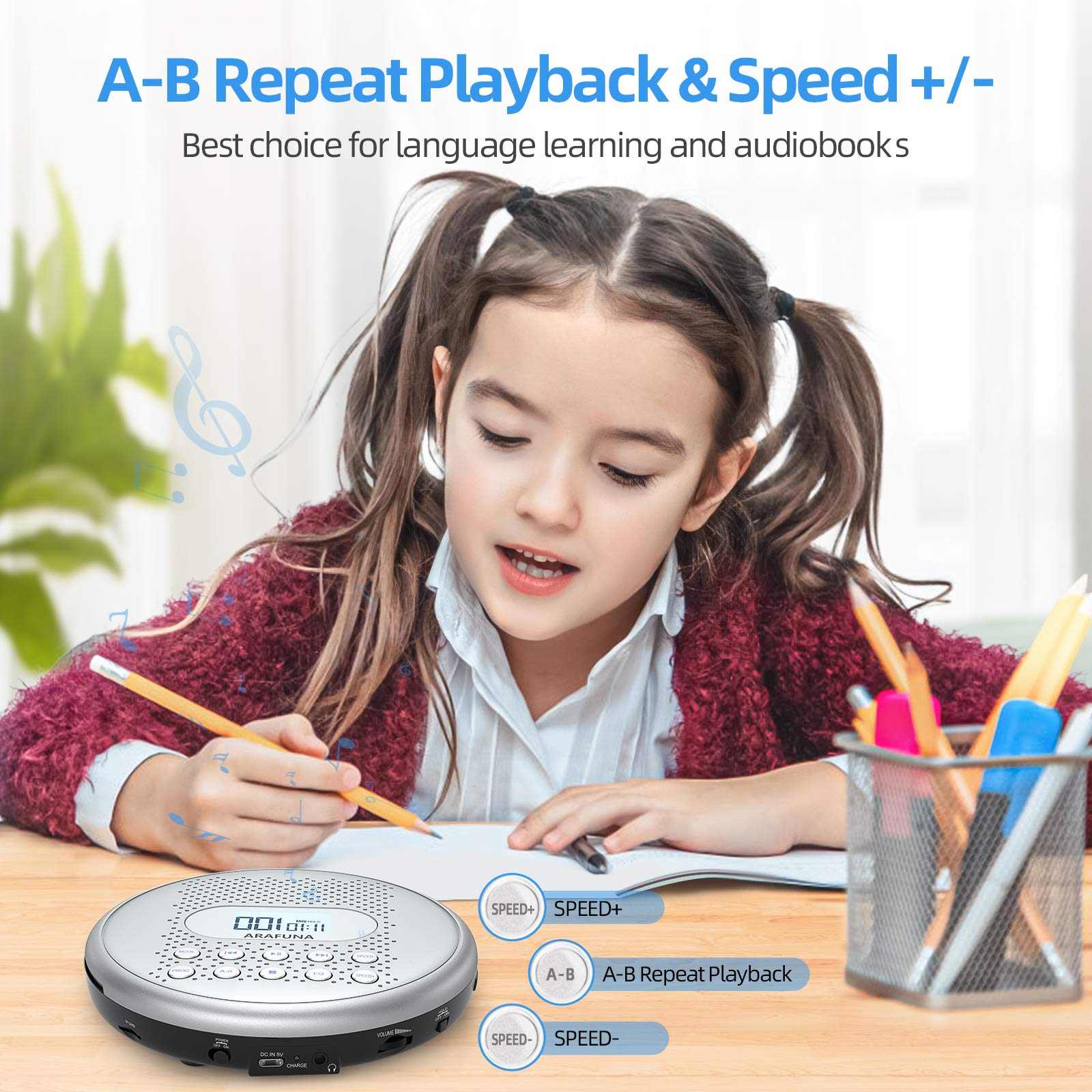 Arafuna Cd Player Portable, Rechargeable Portable Cd Players For Car With Speakers, Anti Skip Walkman Cd Player With Backlit Button, Lcd Display And Aux Cable