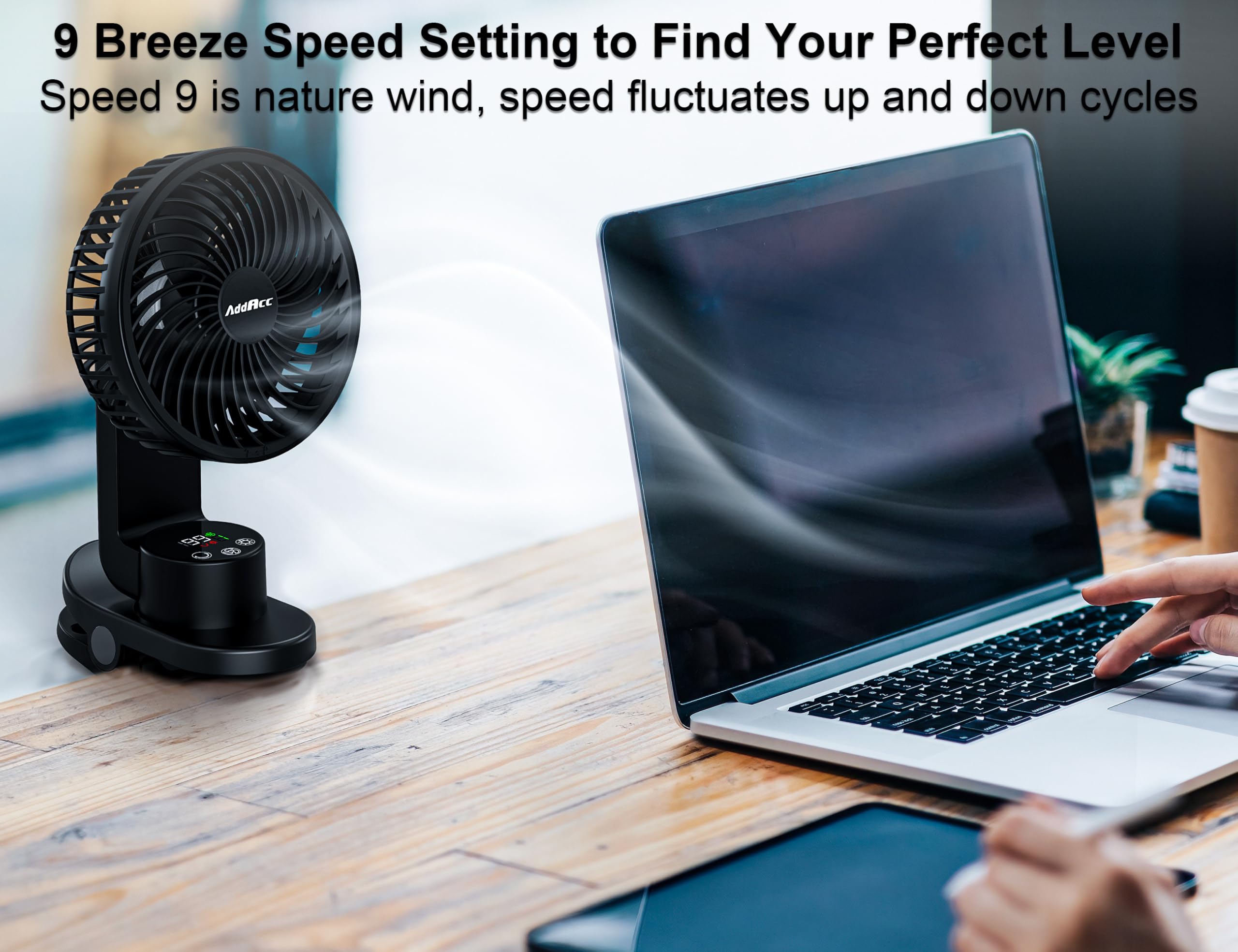 Addacc Small Desk Fan, Rechargeable Clip On Fan With Atmosphere Light & Hook, Battery Operated Table Fan, Ultra Quiet, 9 Speed A
