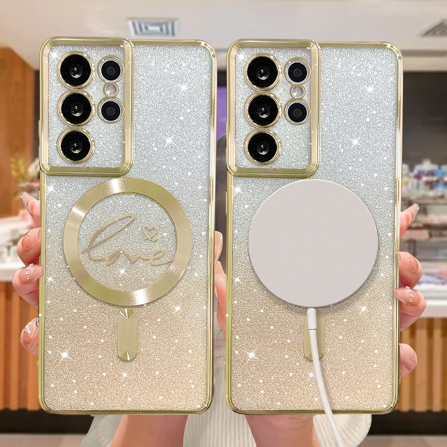 Zonrw For Samsung Galaxy S21 Ultra Case Magnetic,For Women Girl Soft Cute Luxury Love Heart Plating Bling Gradient Glitter Clear