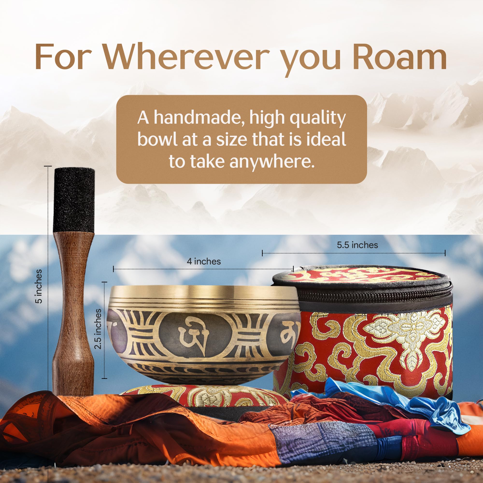 Handmade Tibetan Etched Singing Bowl Set With Case - Meditation Bowl & Sound Bowl With Cushion, Mallet & Guide - Portable Sound