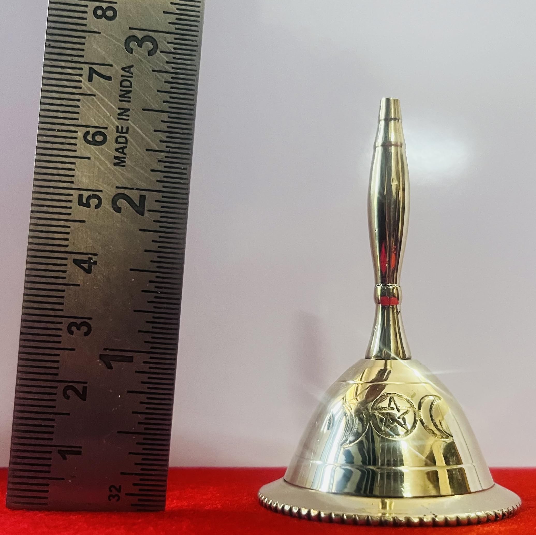 Indian Consigners Hand Bell Loud Brass Call Bells 3 Inches Altar Pendulam Use (Triple Moon Pentagram)