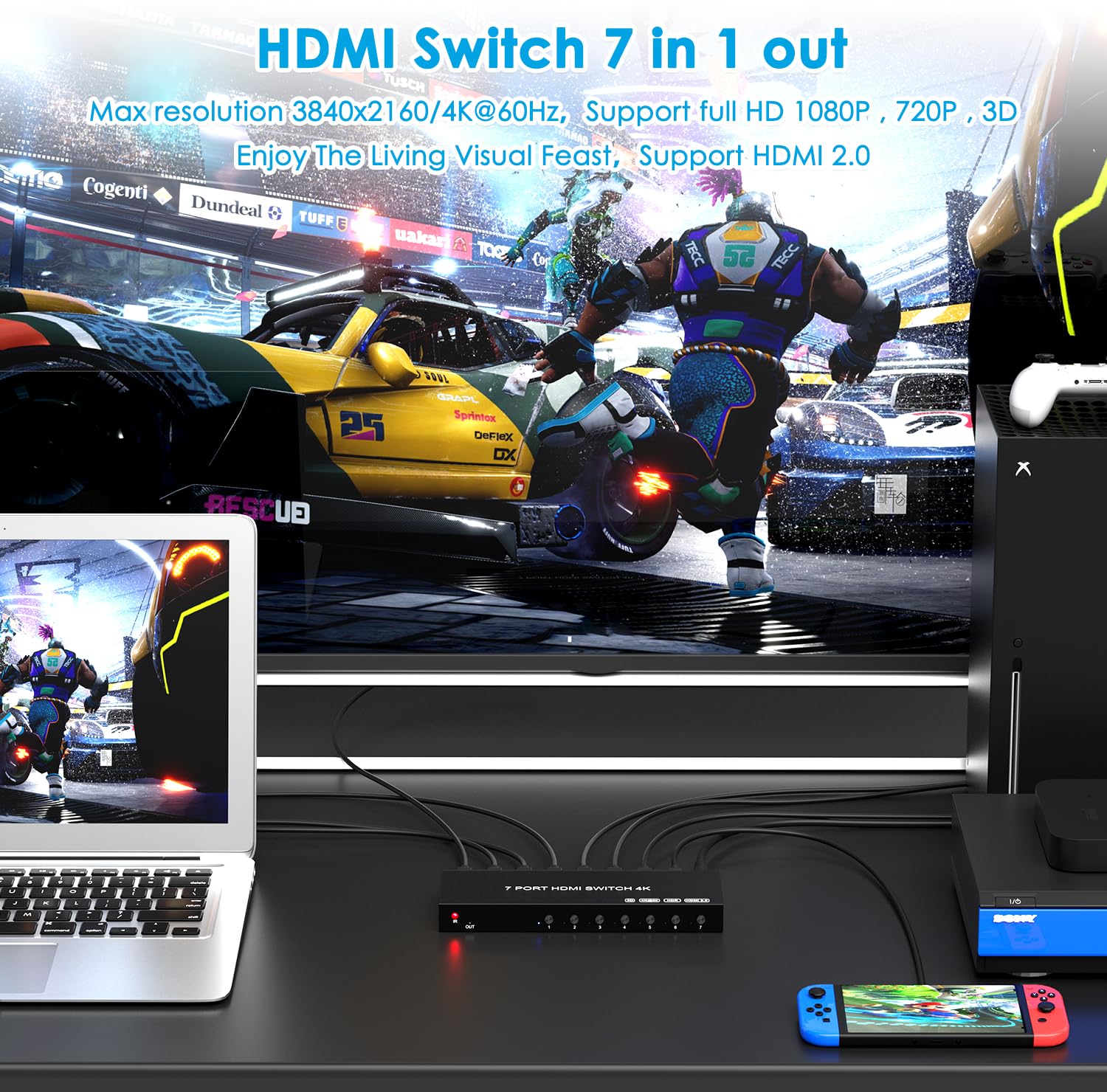 Hdmi Switcher 4K@60Hz Hdmi Switch Selector Supports Full Hd 4K/1080P/3D & Hdcp 2.2 For Nintendo Switch,Xbox,Ps4/Ps5,Fire Stick,Roku,Apple Tv,Pc,Blu Ray Player Etc.(With Ir Remote) (7In 1Out)