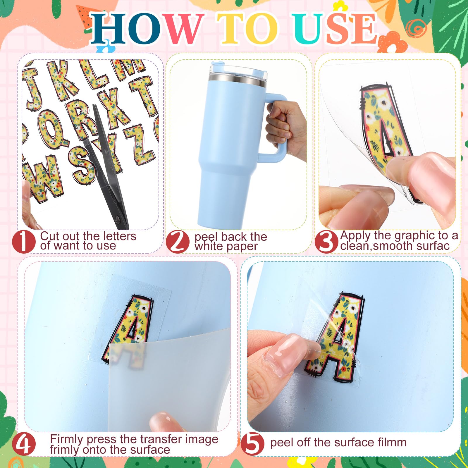 Humyoun 6 Pcs Uv Dtf Cup Wrap Flower Letters Custom Transfer Letter Stickers Personalized Spring Valentine Vinyl Name Decal For