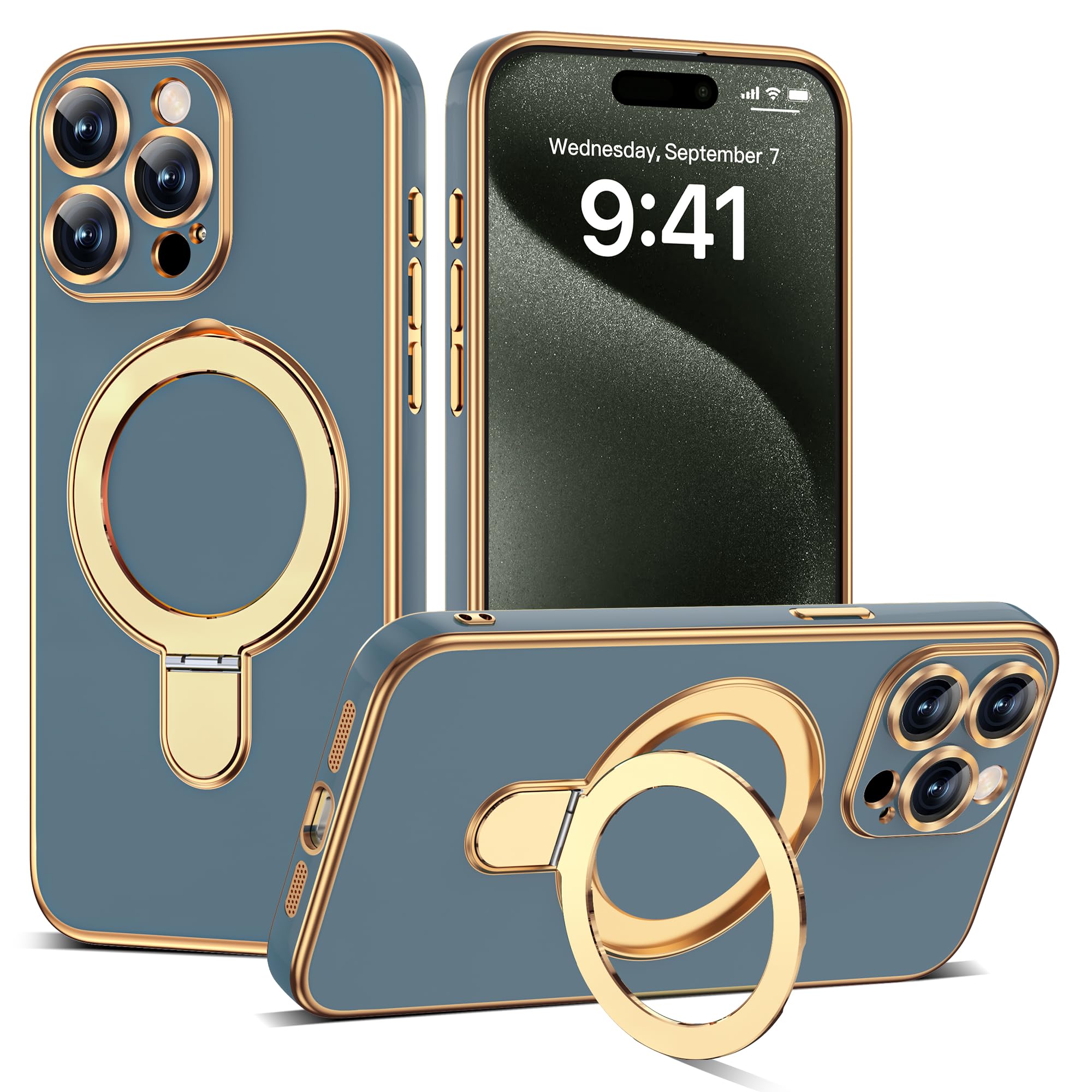 ETPESOK Compatible with iPhone 15 Pro Case with Magnetic Ring Stand [Compatible with Mag-Safe] [Full Camera Lens Protector] Soft