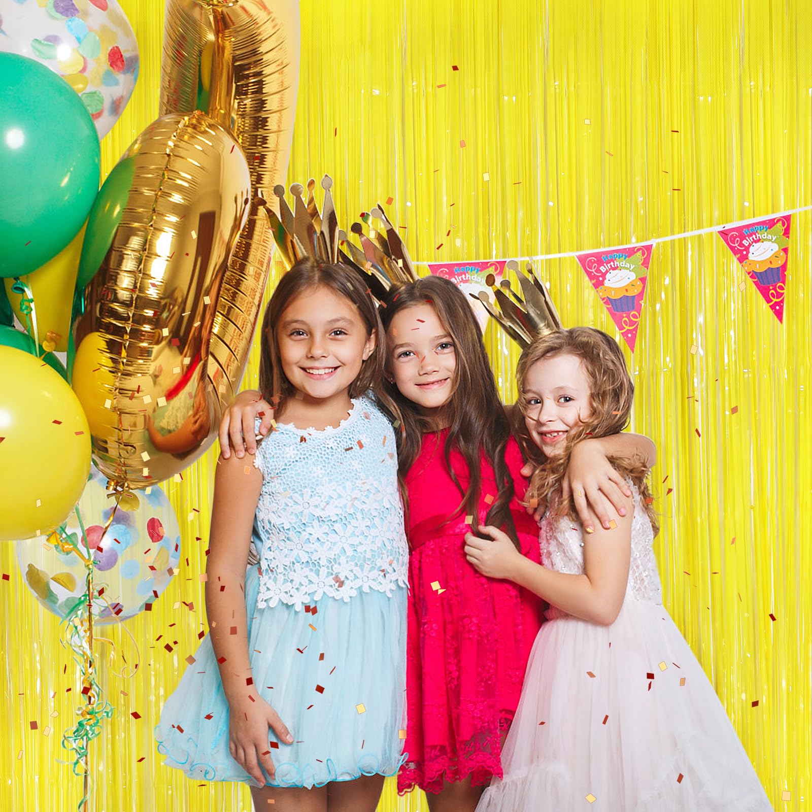 Macaron Yellow Metallic Tinsel Foil Fringe Curtains, 2 Pack 3.3X8.3 Feet Party Streamer For Birthday Party Decorations, Hallowee