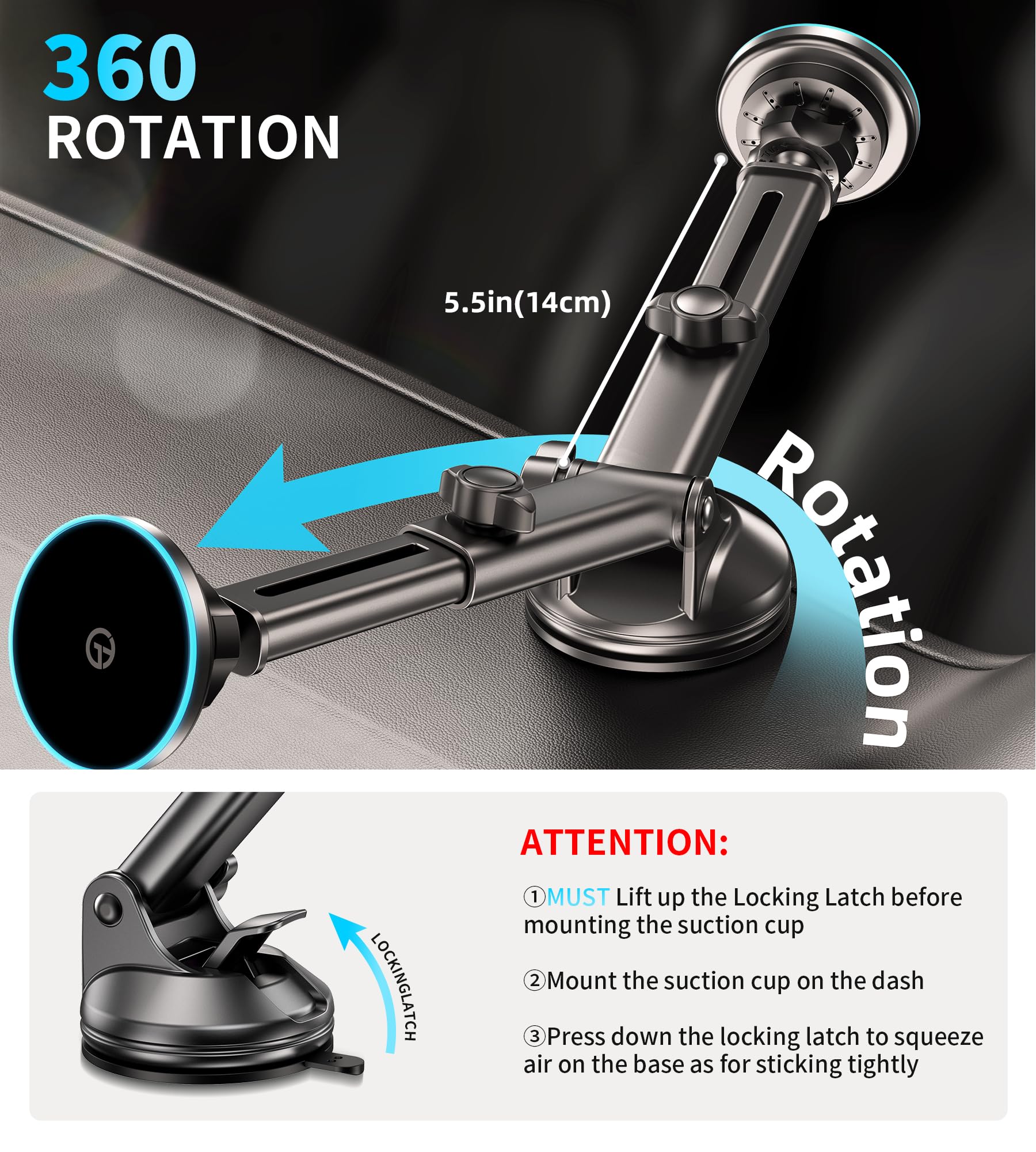 Gumosh For Mag-Safe Car Mount Charger Dash Vent Windshield Wireless Car Charger With Led Light, Strong Magnetic Phone Holder For