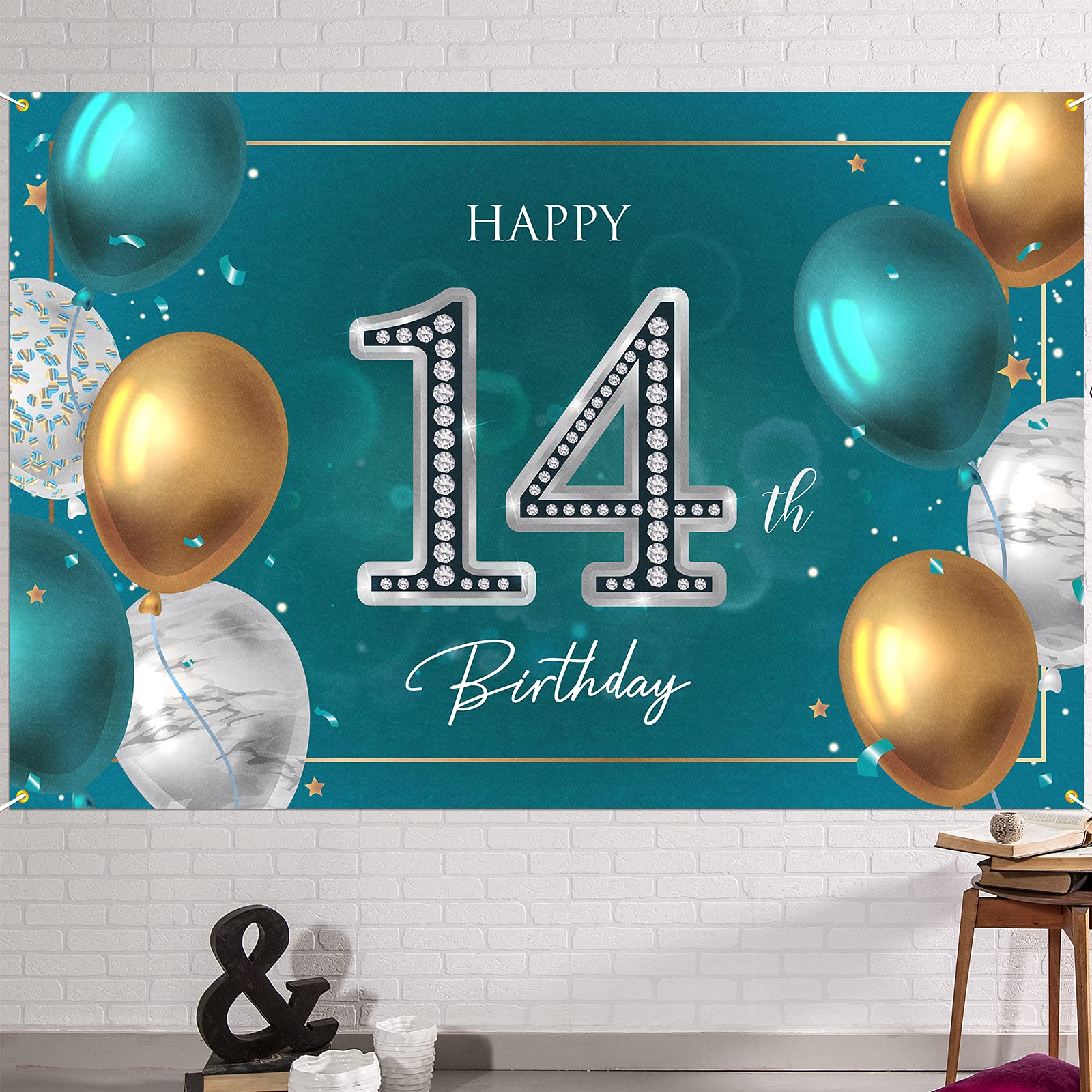 Hamigar 6X4Ft Happy 14Th Birthday Banner Backdrop   14 Years Old Birthday Decorations Party Supplies For Girls Boys   Green Silv