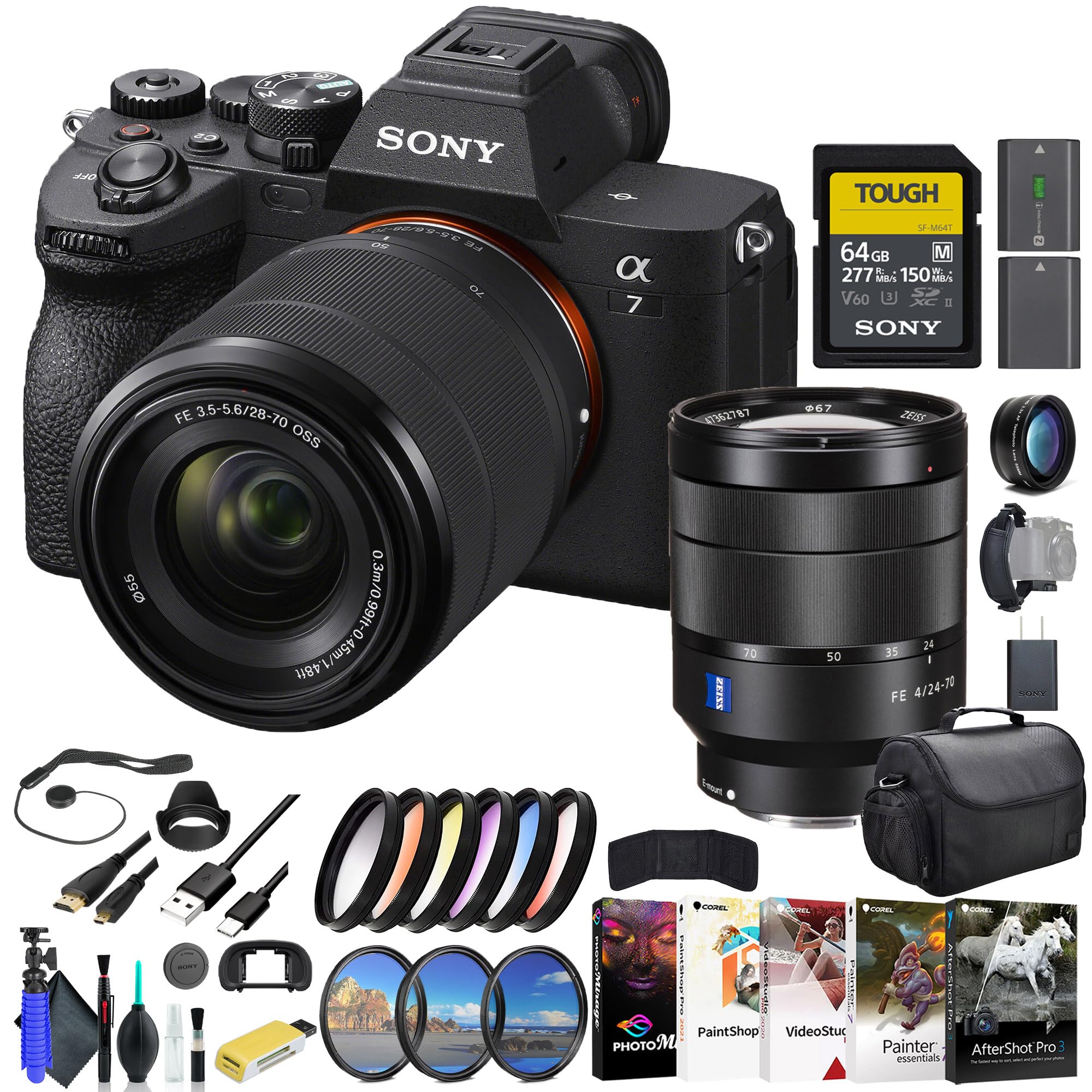 Sony a7 IV Mirrorless Camera with 28-70mm Lens ILCE-7M4K/B, Sony FE 24-70mm Lens SEL2470Z, 64GB Memory Card, Filter Kit, Wide An