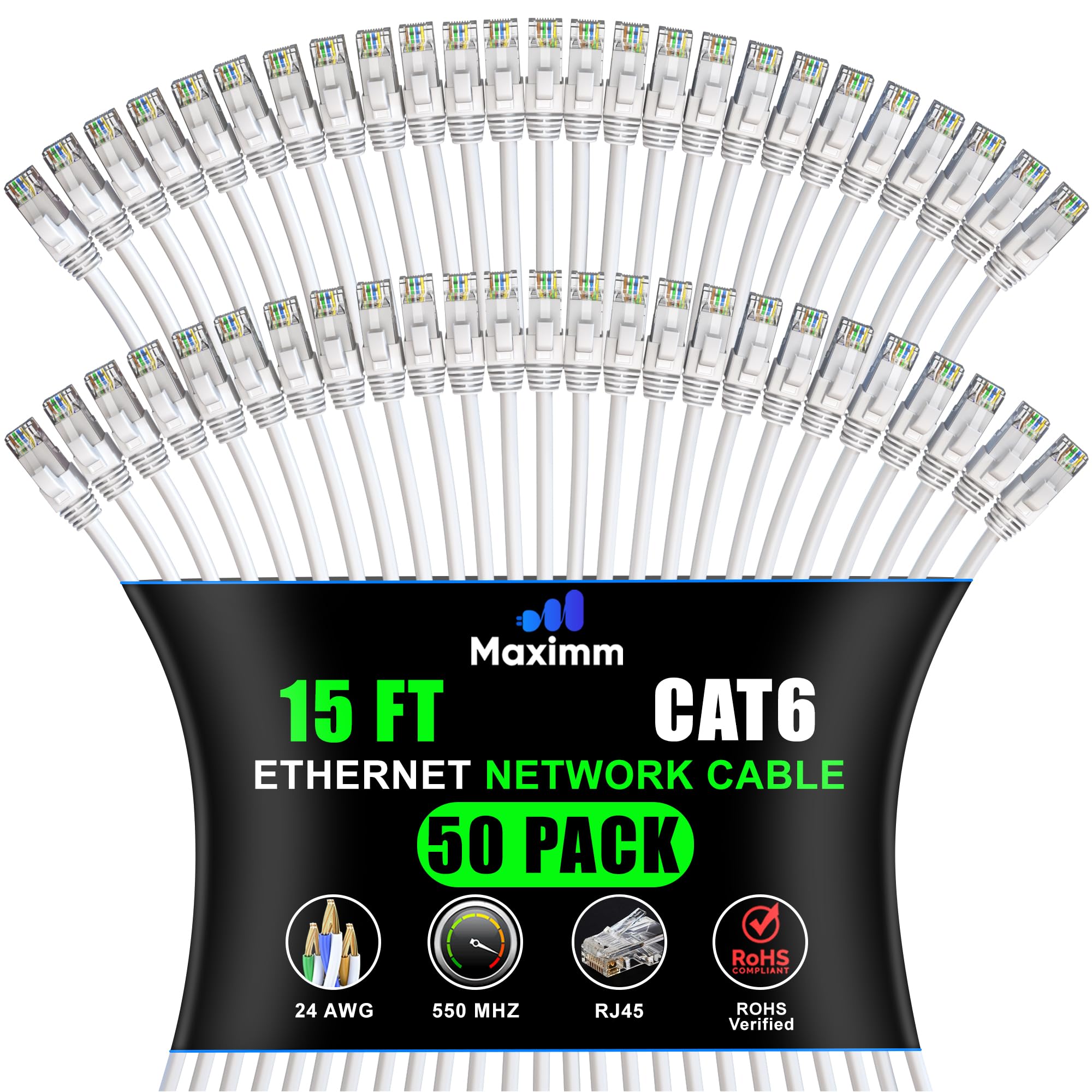 Maximm Cat 6 Ethernet Cable 15 ft (50-Pack) - High-Speed LAN, Internet, Patch, and Network Cord - UTP, 10Gbps, 550MHz - White