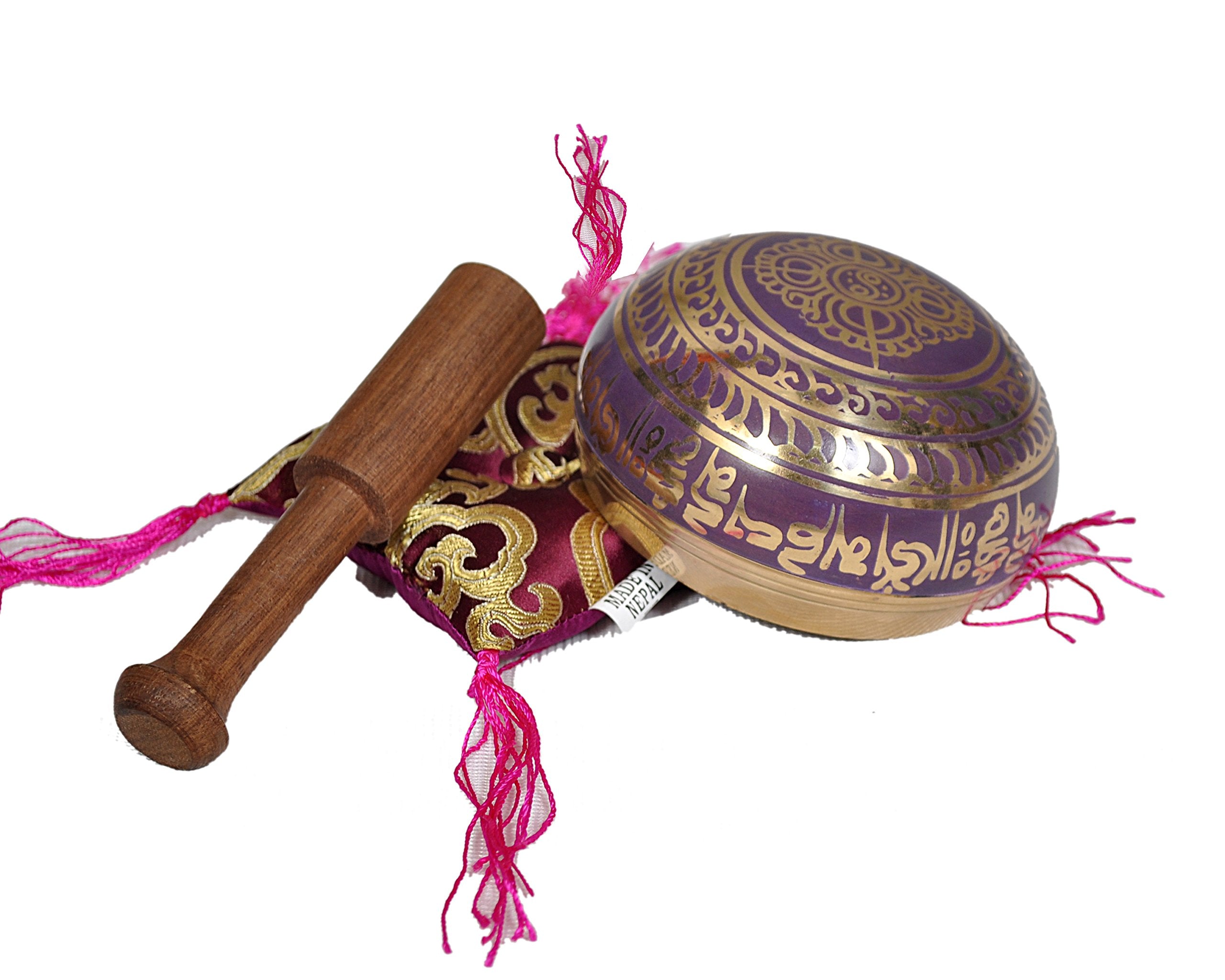 Tibetan Singing Bowl Set By Dharma Store   With Traditional Design Tibetan Buddhist Prayer Flag   Handmade In Nepal (Purple)