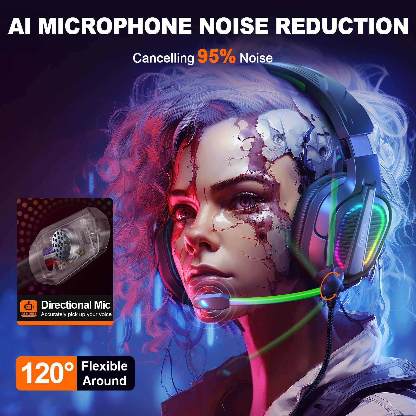 Krysenix Gaming Headset For Ps4, Ps5, Pc, Mac, Xbox Series X, Noise Canceling Headphones With Microphone, Pg2 Computer Headset W