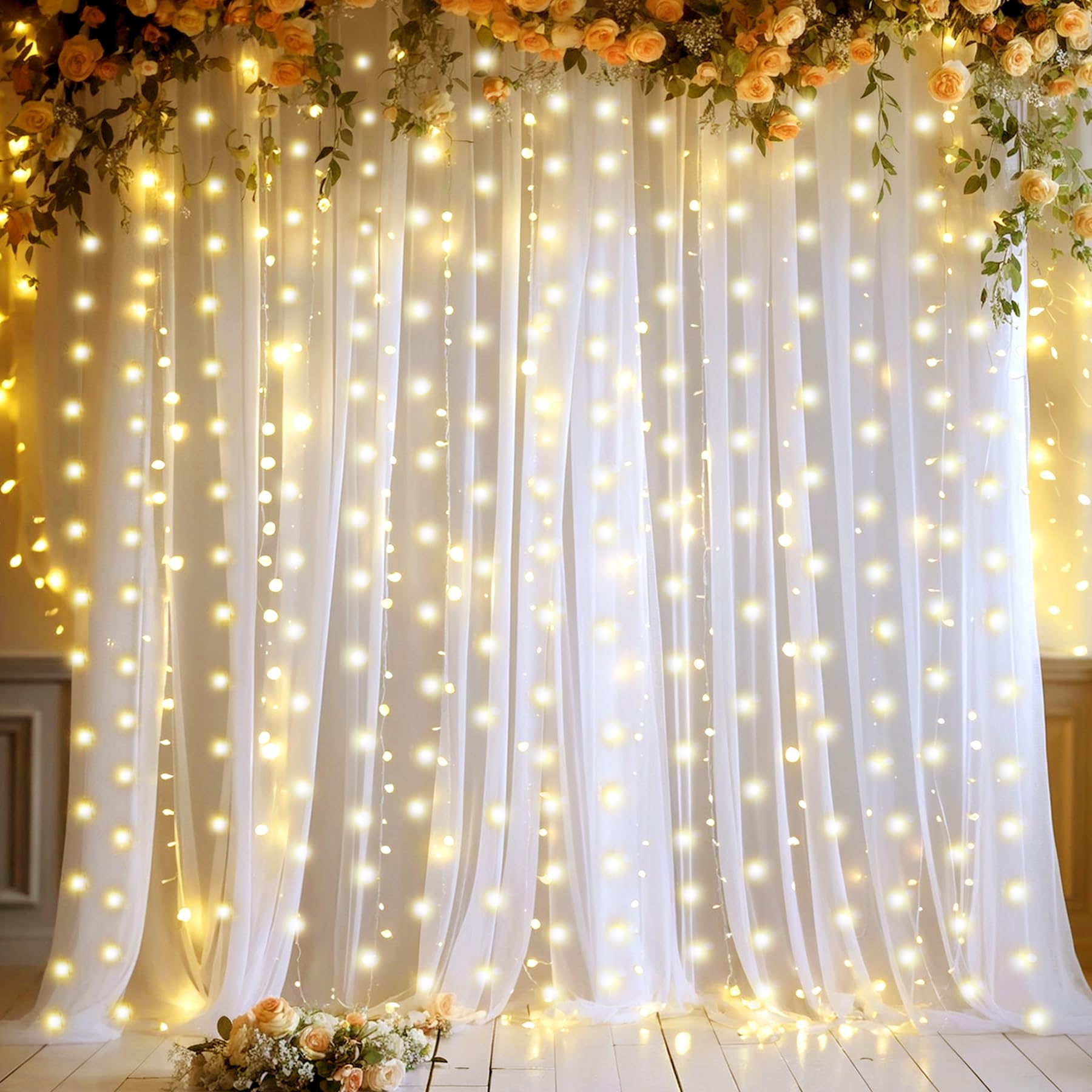 10Ft X 10Ft White Sheer Tulle Backdrop Curtains With Lights String For Party Wedding Wrinkle Free Curtain Backdrops Drapes For B