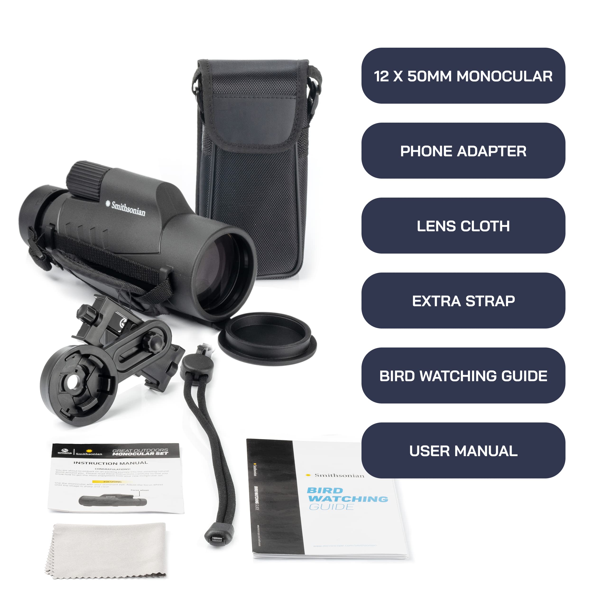 Omano Smithsonian 12X50 Monocular Telescope With Smartphone Adaptor   Monoculars For Adults   High Powered Telescope   Ideal Mon