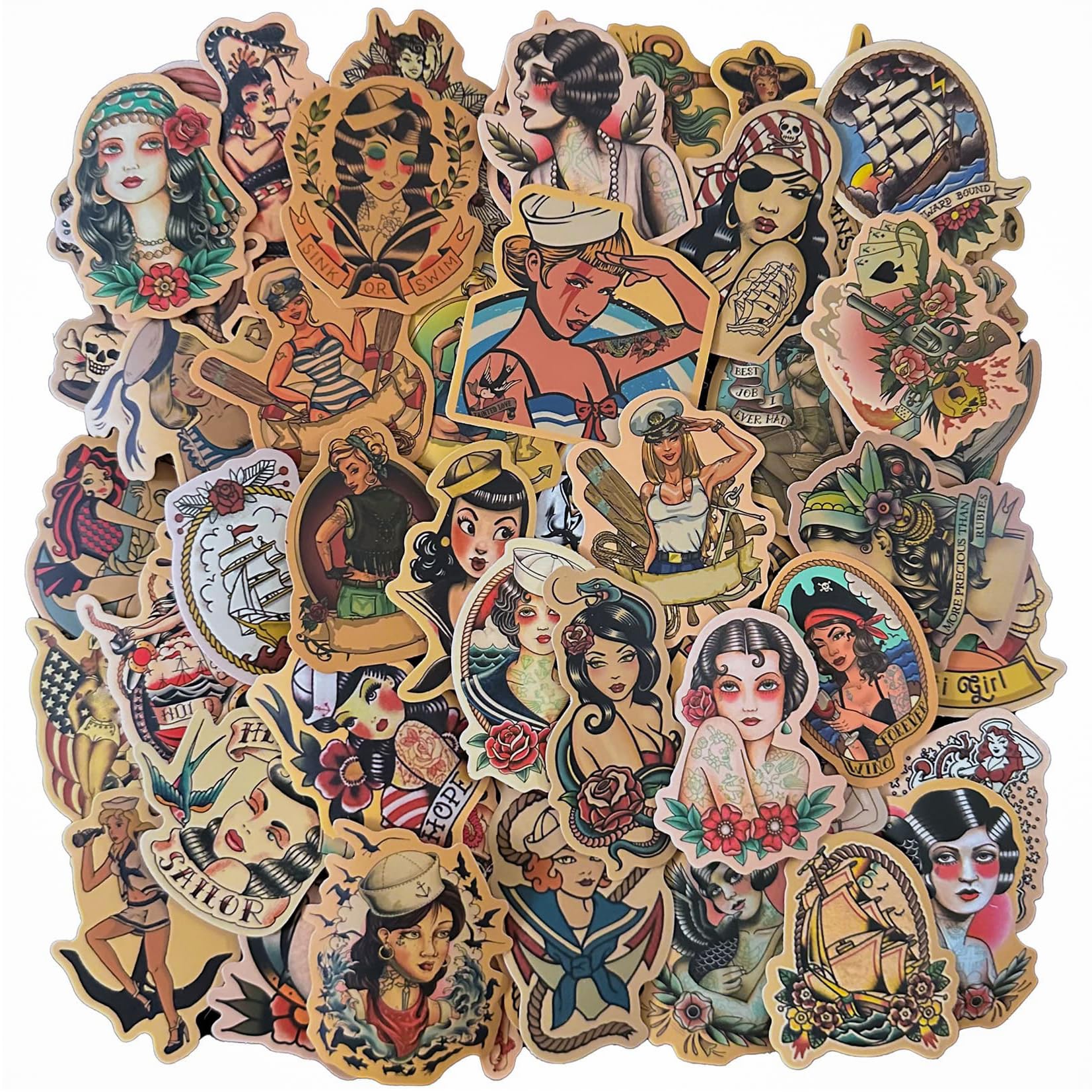 Vintage Stickers, Retro Girl Sailor Sticker Pack 50Pcs Waterproof Vinyl Decals For Water Bottles Laptops Cars Skateboards Mens C