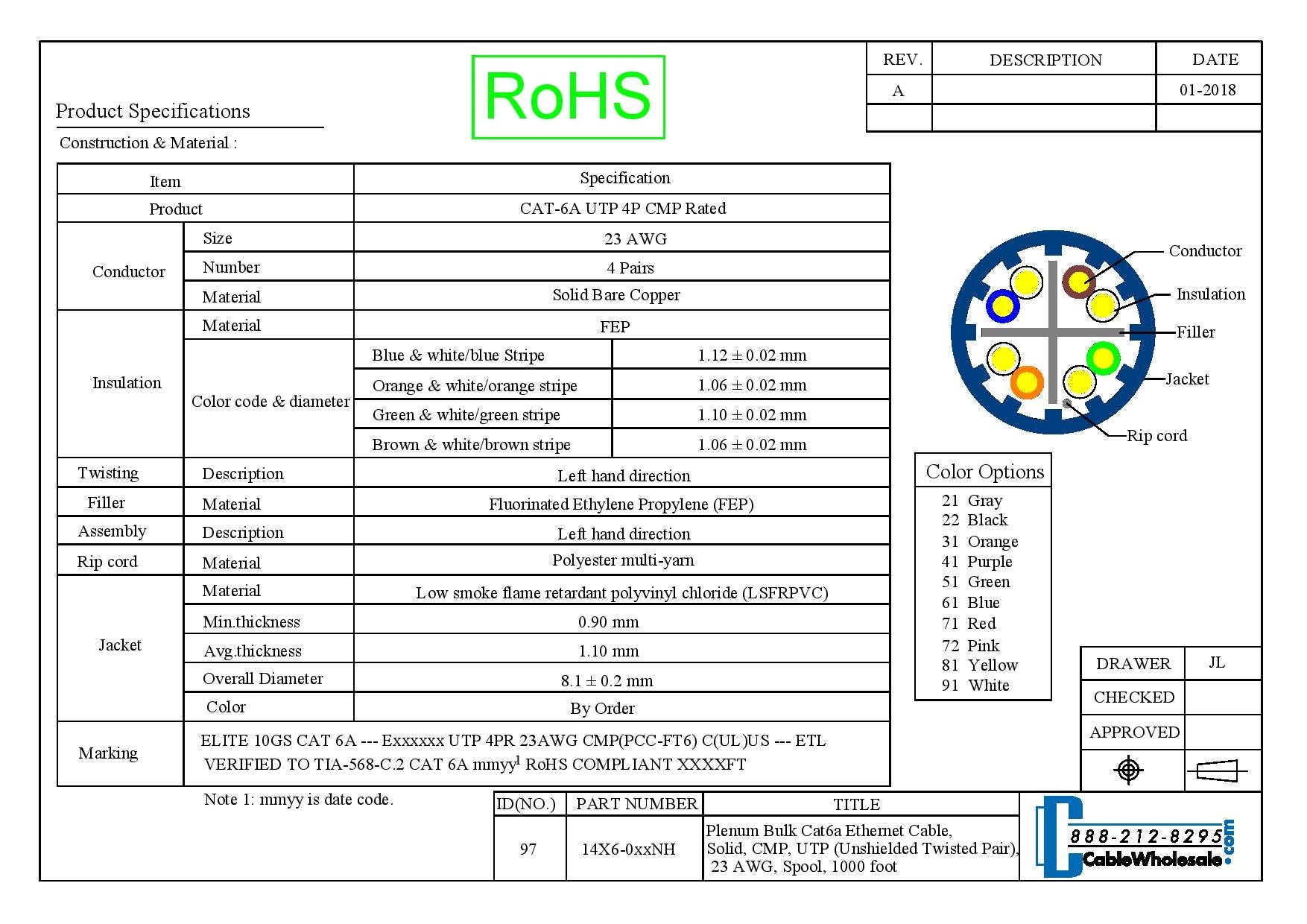 1000 Foot Bulk Plenum Cat6A Ethernet Cable Spool, 500 Mhz, 23 Awg, Utp(Unshielded Twisted Pair) Solid Copper, (Cmp), Poe Complia