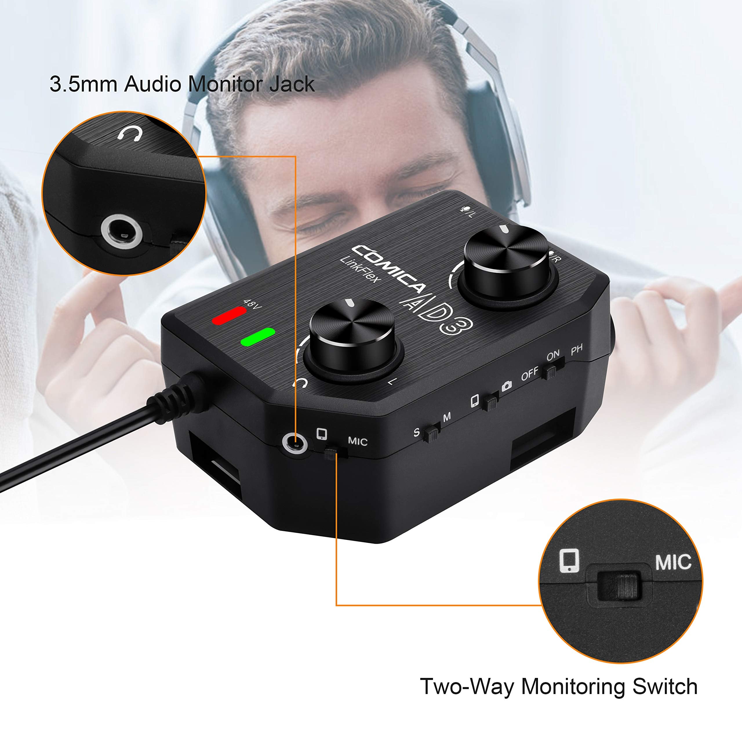 Comica Linkflex.Ad3 2-Channel Xlr/3.5Mm/6.35Mm Microphone Audio Mixer Preamp With Phantom Power, Guitar Audio Interface Micropho