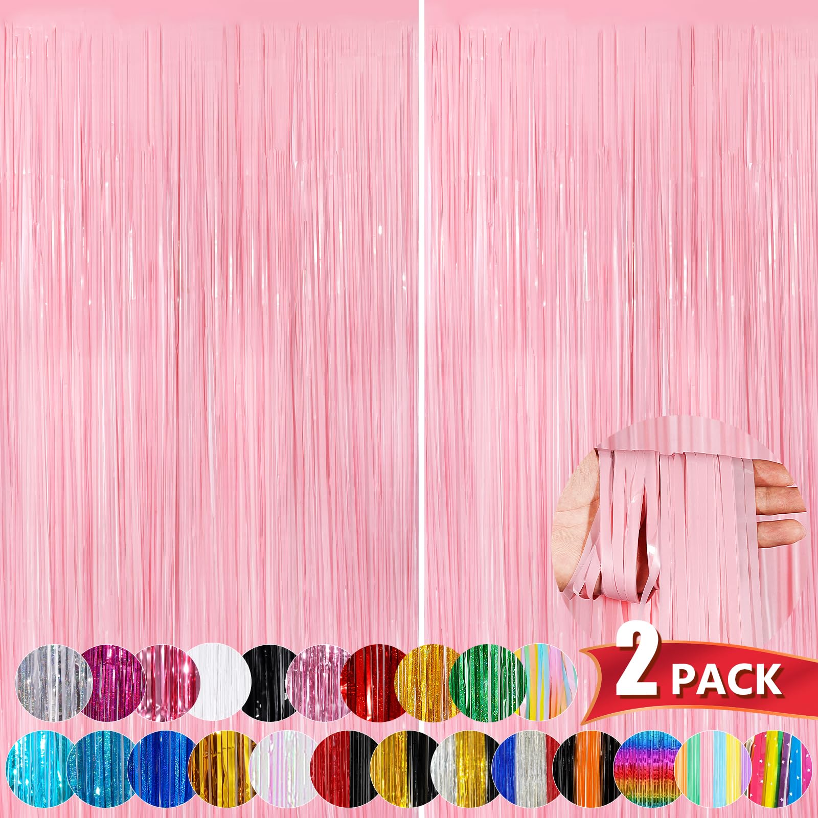 Pastel Pink Metallic Tinsel Foil Fringe Curtains, 2 Pack 3.3X8.3 Feet Streamer Backdrop Curtains For Birthday Party Decorations,