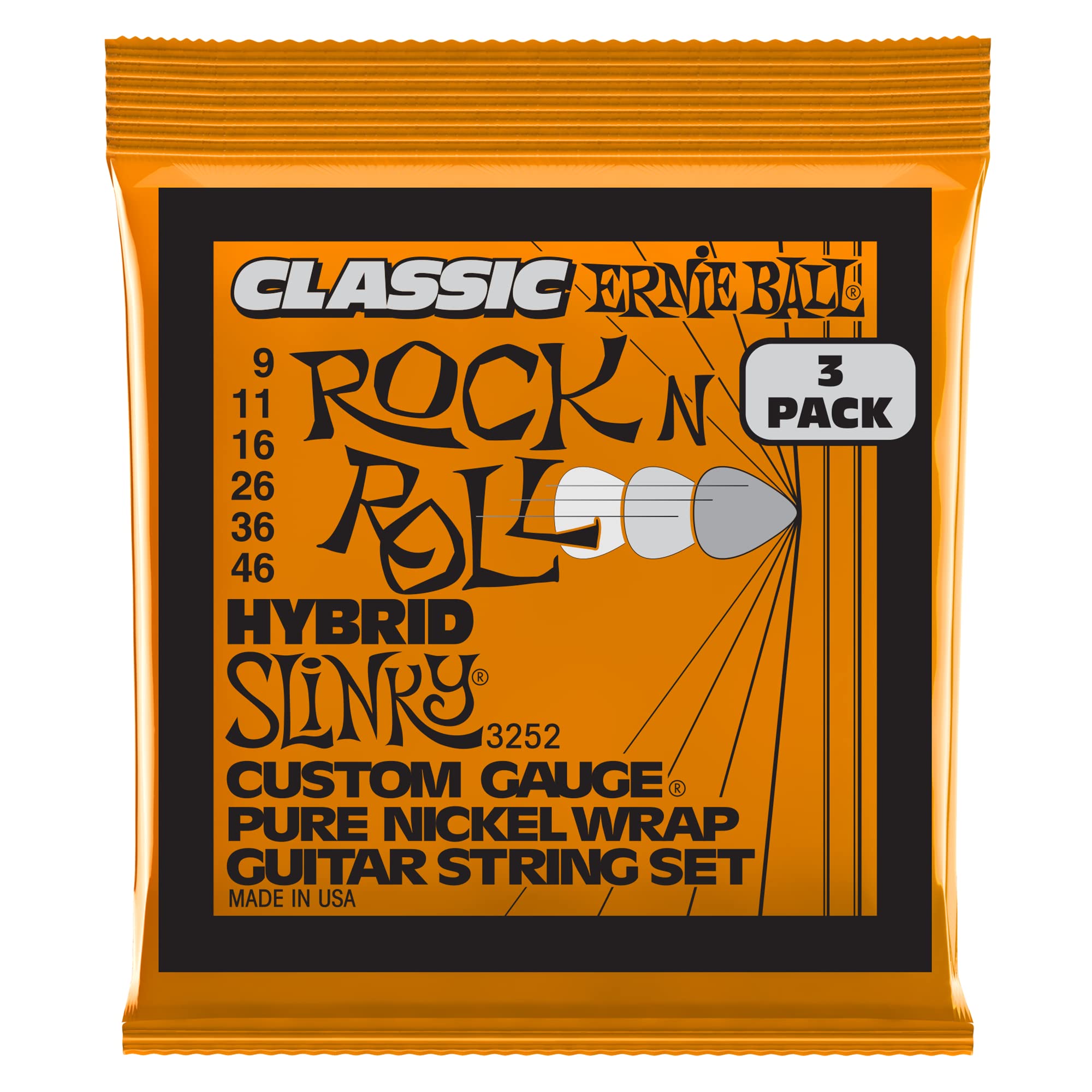 Ernie Ball Hybrid Slinky Classic Pure Nickel Electric Guitar Strings 3-pack, 9-46 Gauge (P03252)