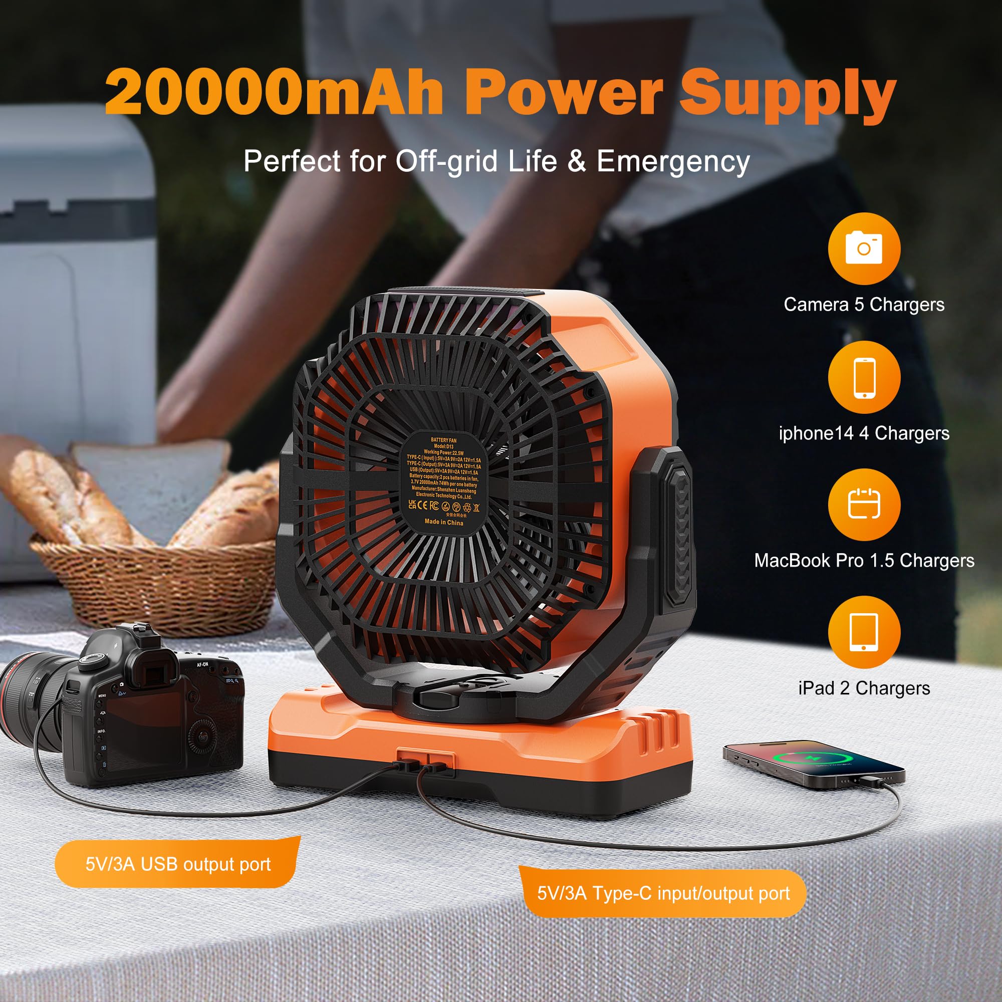 Amacool 20000Mah Rechargeable Camping Fan, Battery Operated Fan With Light, 68Hrs Work Time, 4 Speed, Auto Oscillating Outdoor F