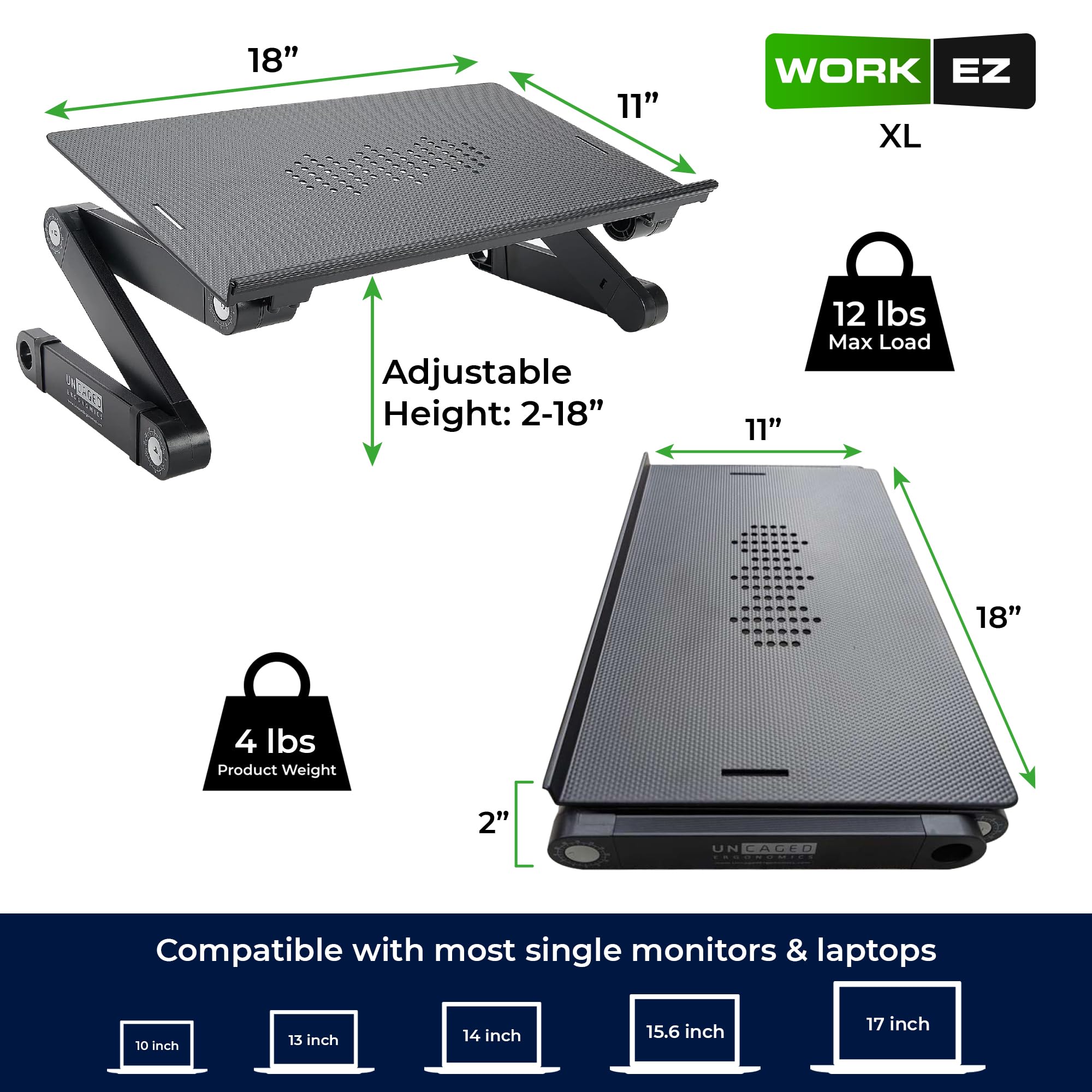 Workez Best Adjustable Laptop Cooling Stand & Lap Desk For Bed Couch W/Mouse Pad. Ergonomic Height Angle Tilt Aluminum Desktop Portable Macbook Computer Riser Table Cooler Folding Holder Xl White