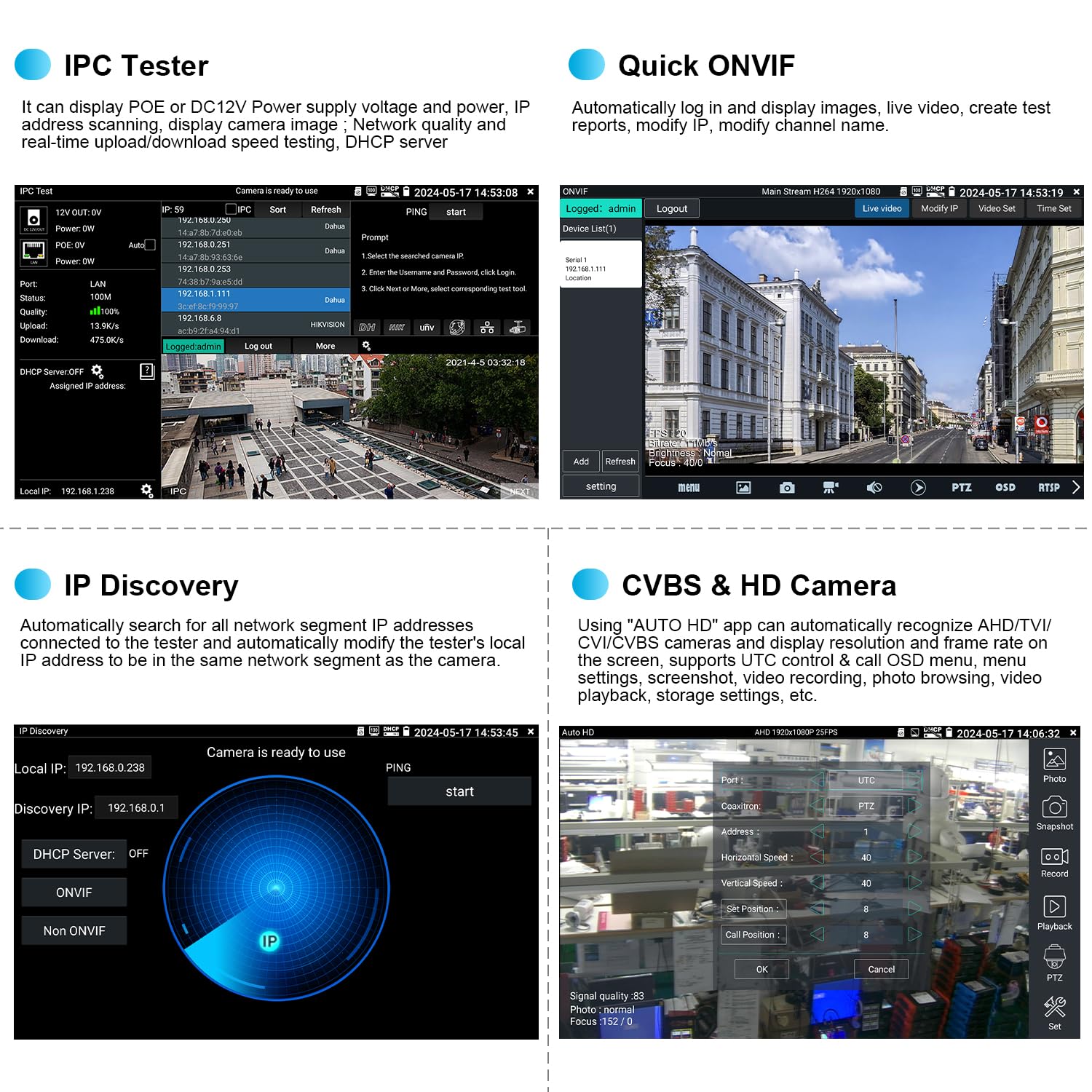 Wanlutech Ip Camera Tester With Poe, Cctv Camera Tester 4K H.265 Cvi Tvi Ahd Sdi Analog Camera Tester 5.4Inch Touchscreen Cable