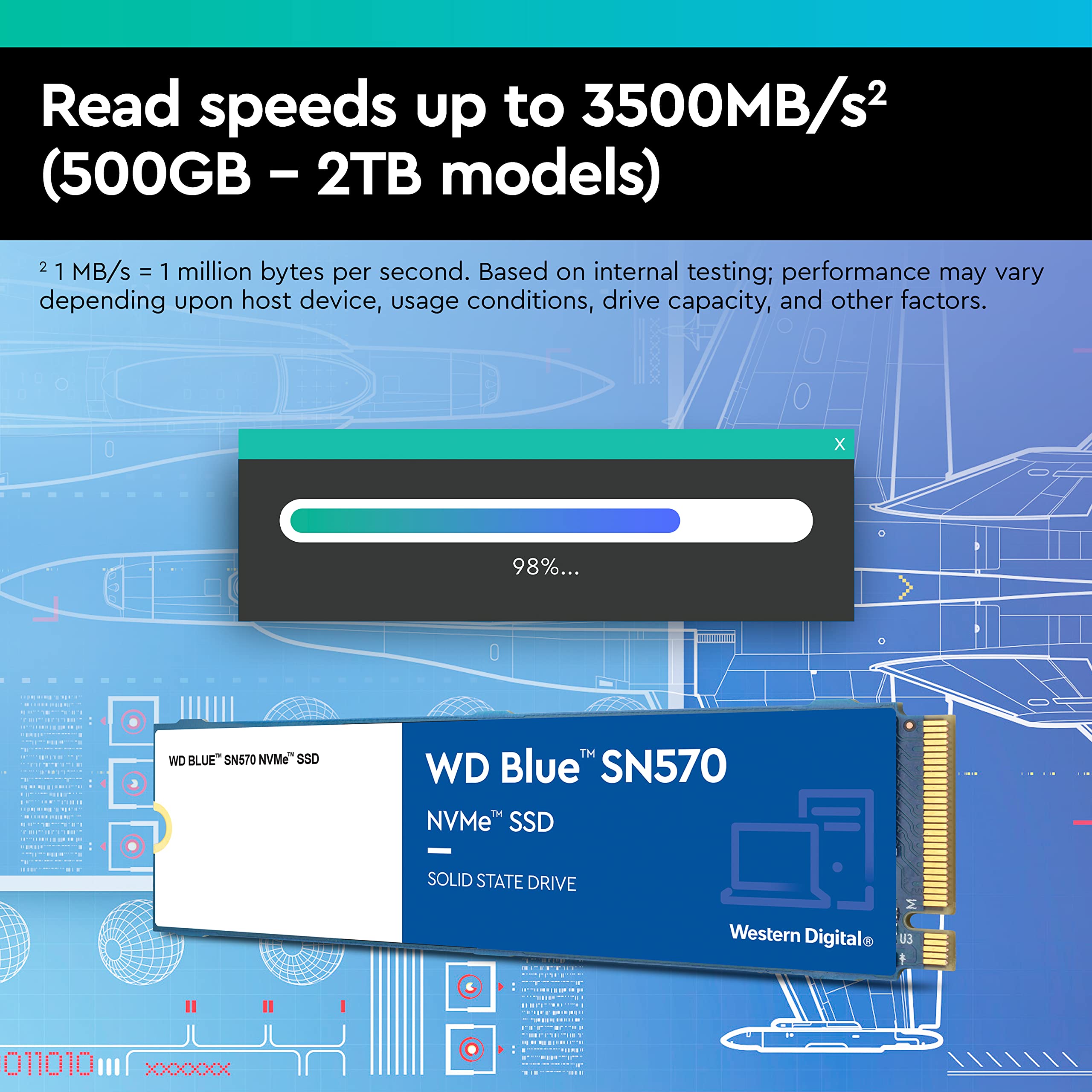 Western Digital 1Tb Wd Blue Sn570 Nvme Internal Solid State Drive Ssd - Gen3 X4 Pcie 8Gb/S, M.2 2280, Up To 3,500 Mb/S - Wds100T