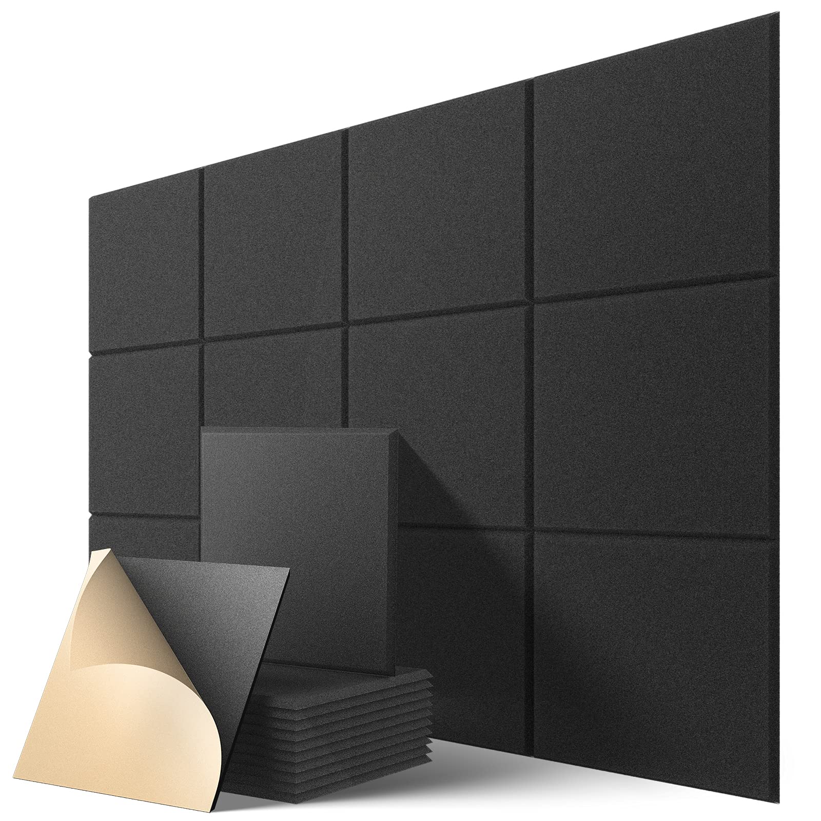 Lebenforce 12 Pack Self Adhesive Acoustic Panels, 12'' X 12'' X 0.4'' High Density Polyester Sound Proof Panels For Walls, Sound