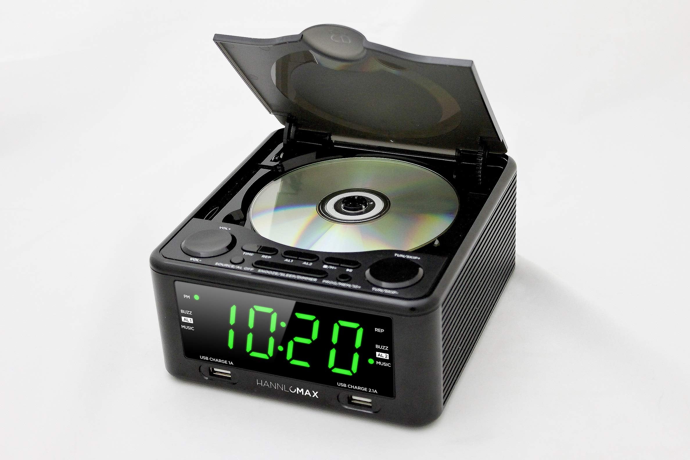 Hannlomax Hx 300Cd Top Loading Cd Player, Pll Fm Radio, Digital Clock, Dual Alarm, 1.2'' Green Led Display, Dual Usb Ports For 1