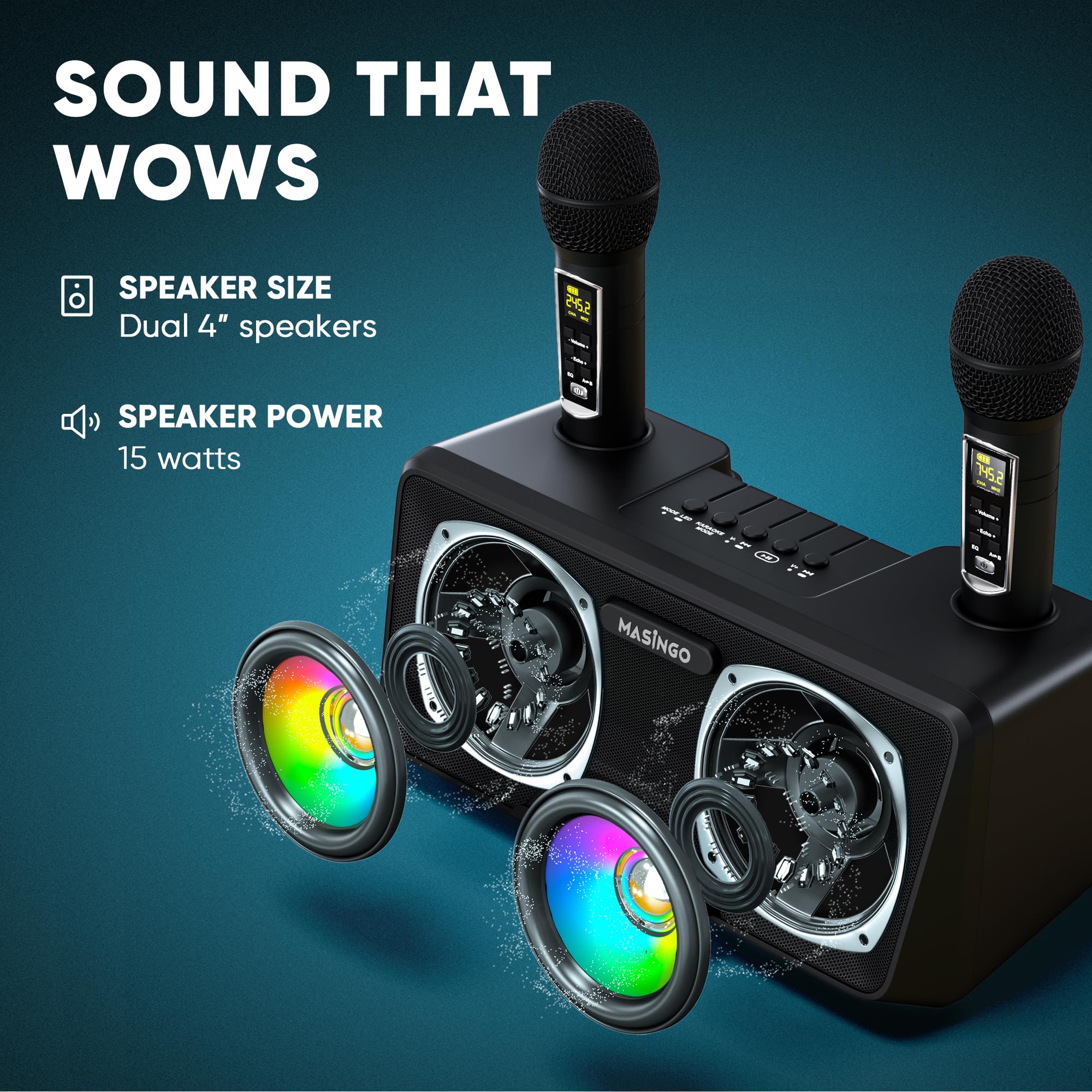 Masingo Karaoke Machine For Adults And Kids With 2 Wireless Microphones, Portable Bluetooth Singing Speaker, Colorful Led Lights