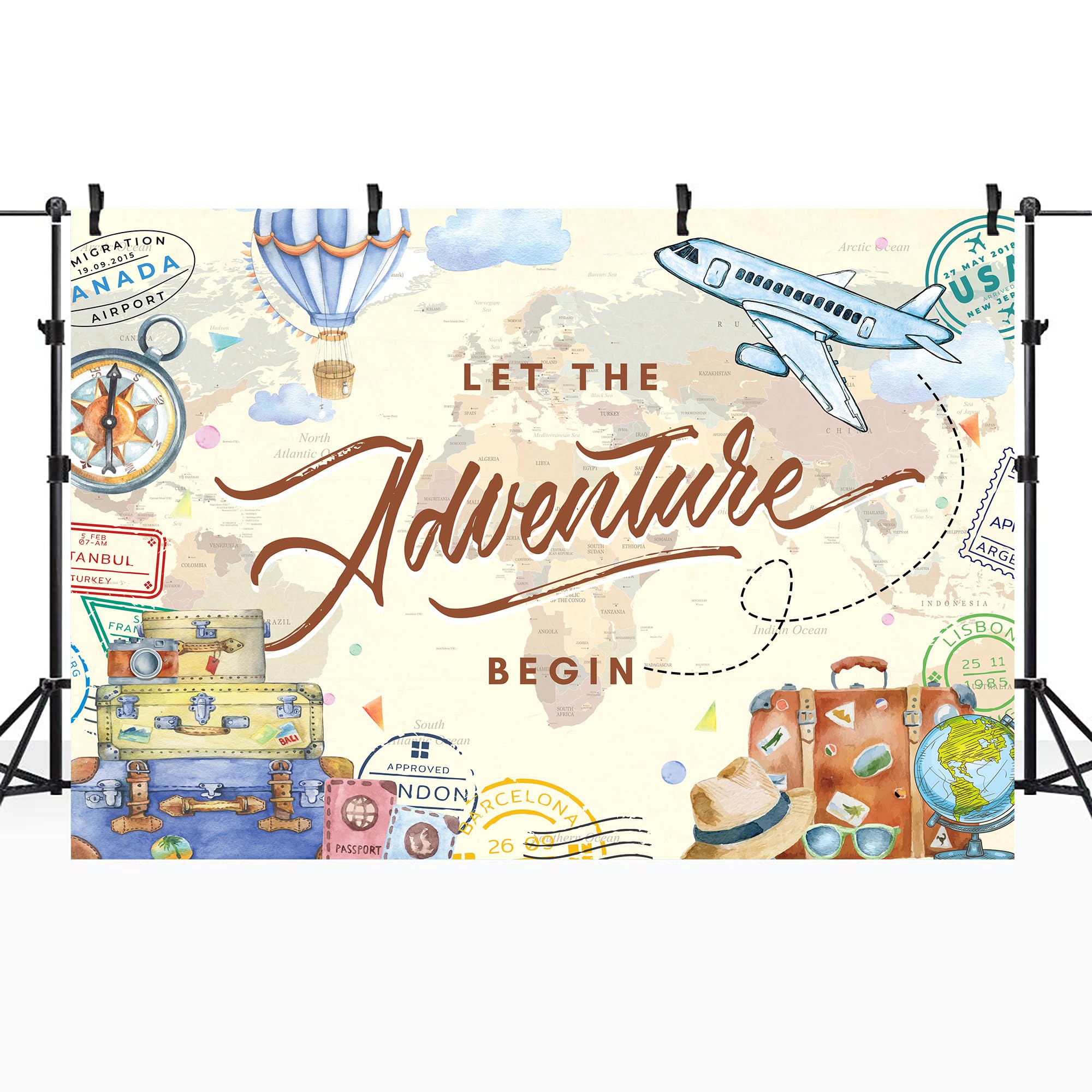 Riyidecor Let The Adventure Begin Backdrop World Map Adventure Awaits Airplane Baby Shower Decorations 7Wx5H Feet Travel Hot Air