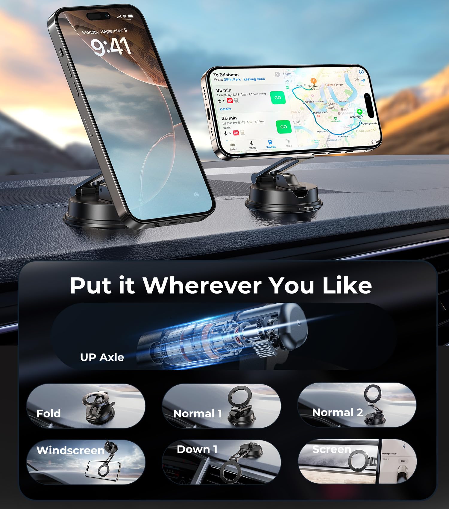 ?Vacuum Suction Folding Car Mount? Magnetic Car Phone Holder For Magsafe, Aerospace Alloy Arm, Best Dashboard/Windshield/Screen
