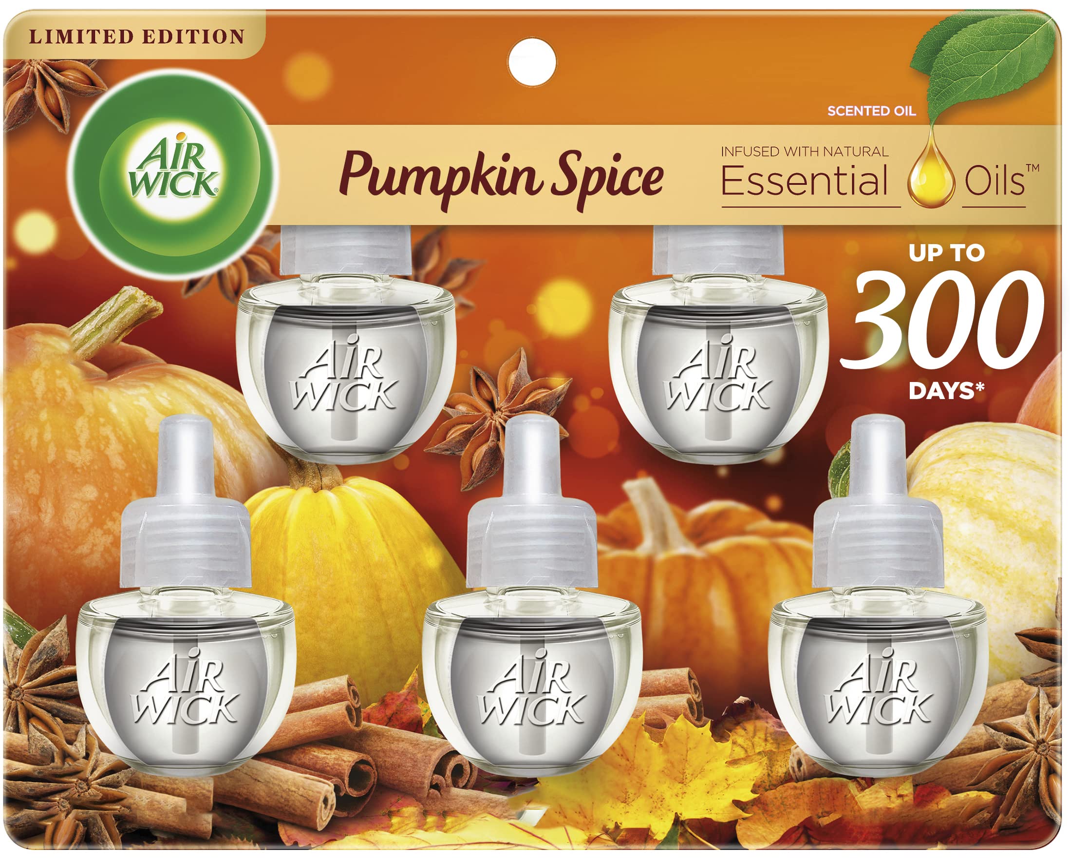 Air Wick Plug In Scented Oil Refill, 5 Ct, Pumpkin Spice, Air Freshener, Essential Oils, Fall Scent, Fall Decor