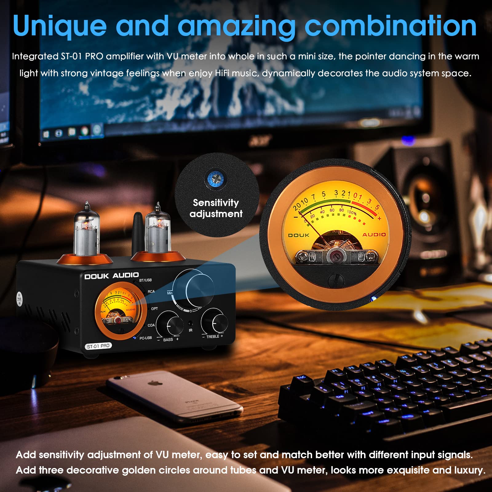 Douk Audio St 01 Pro 200W Bluetooth Amplifier, 2 Channel Vacuum Tube Power Amp With Usb Dac/Coaxial Optical Inputs/Vu Meter/Treb