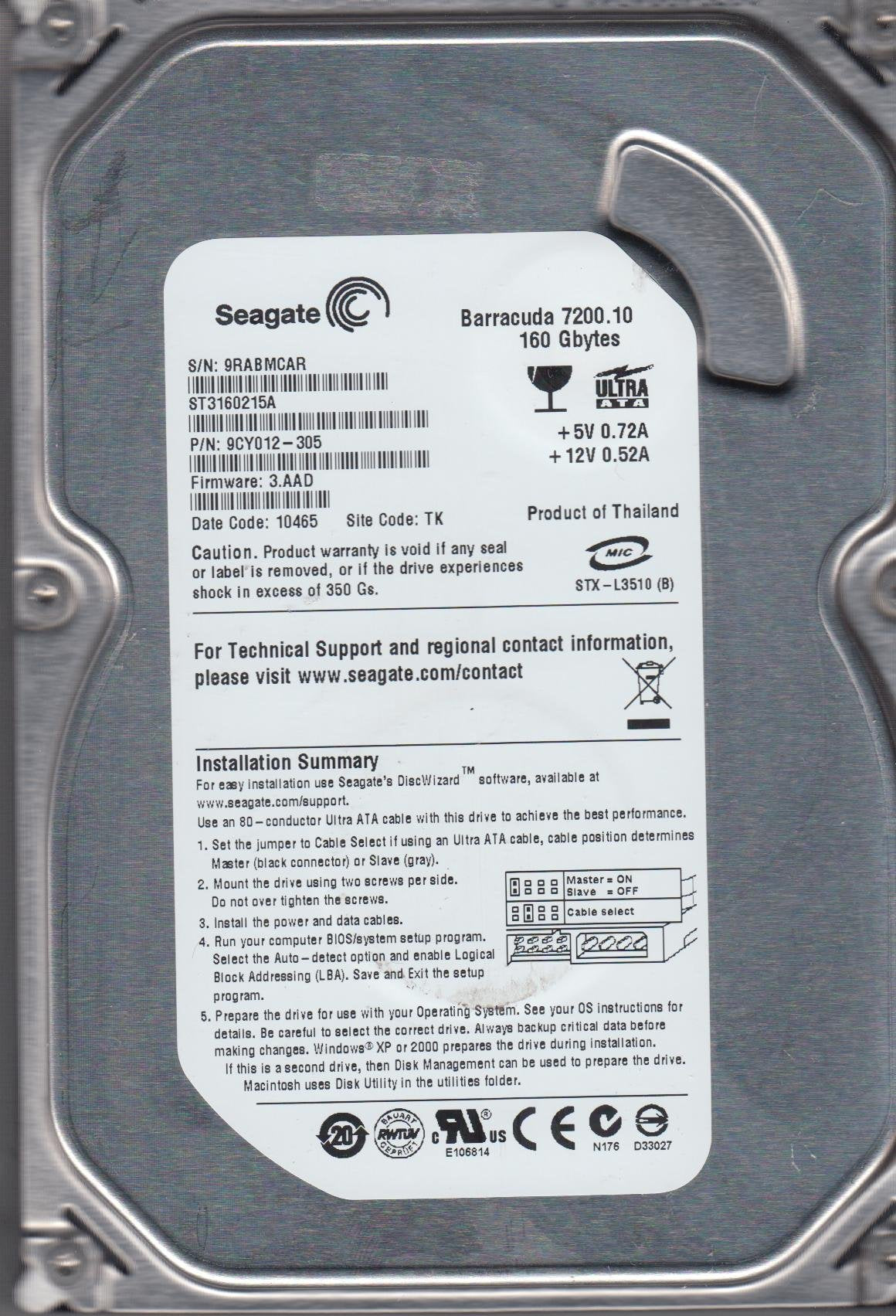 Seagate St3160215A 160Gb 7200 Rpm Ata 3.5'' Hd