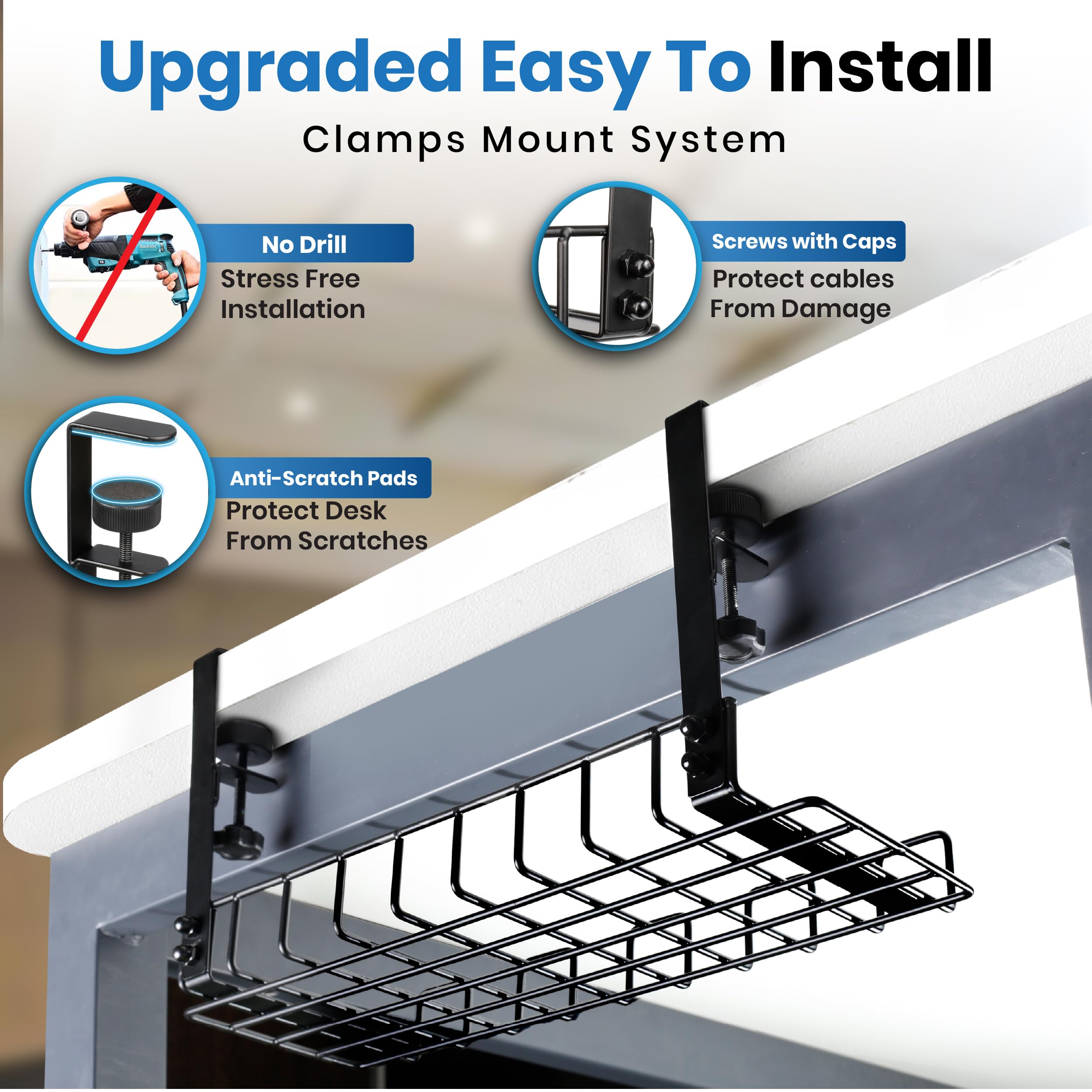 Under Desk Cable Management Tray, 16    No Drill Cord Organizer With Clamps For Wire Management, 4Mm Sturdy Wire Desk Cable Orga