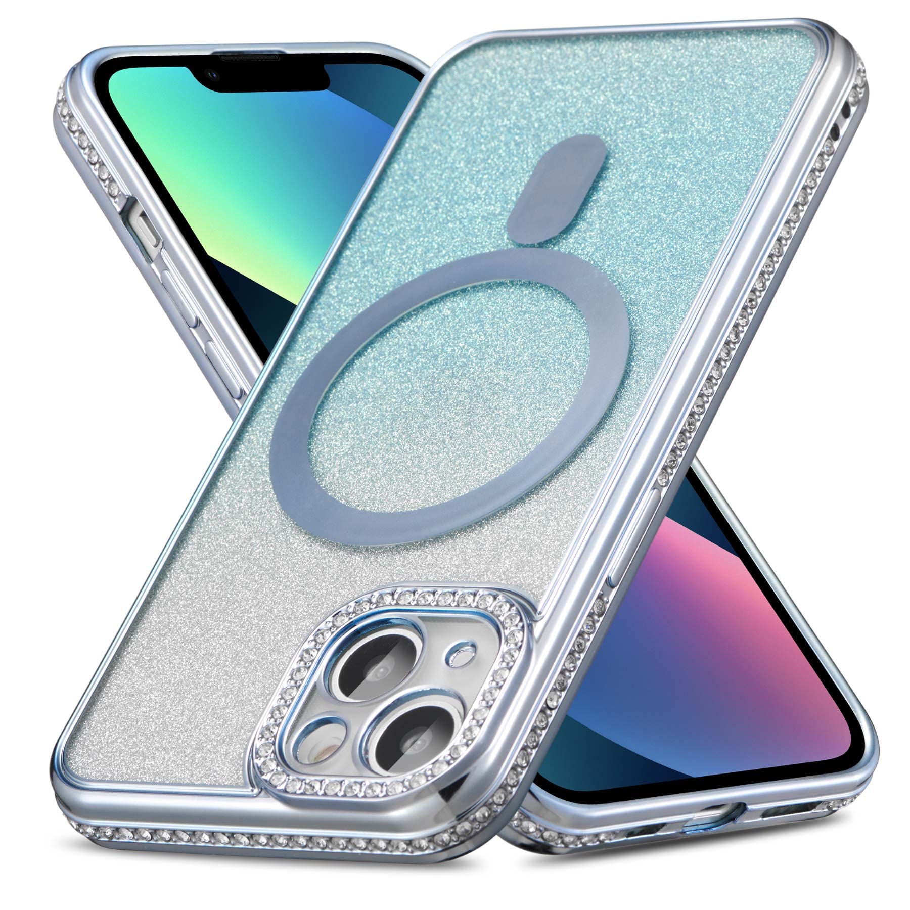 Zcdaye Case For Iphone 14 Pro With Diamond Decorated, Iphone 14 Pro Phone Case Compatible With Wirless Charging, Blue Edge Elect