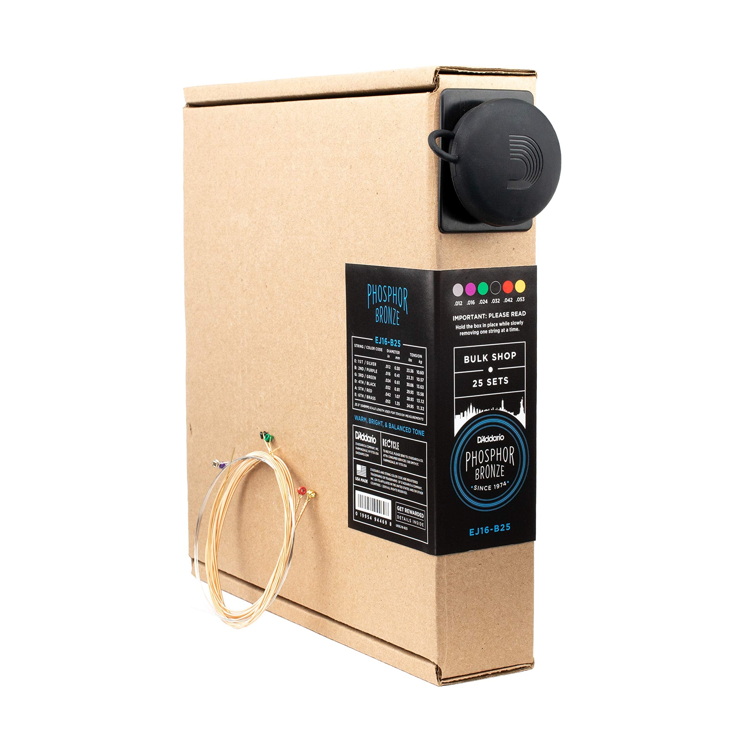 D'Addario Guitar Strings   Phosphor Bronze Acoustic Guitar Strings   Ej16 B25   Rich, Full Tonal Spectrum   For 6 String Guitars   12 53 Light, 25 Set Bulk Box