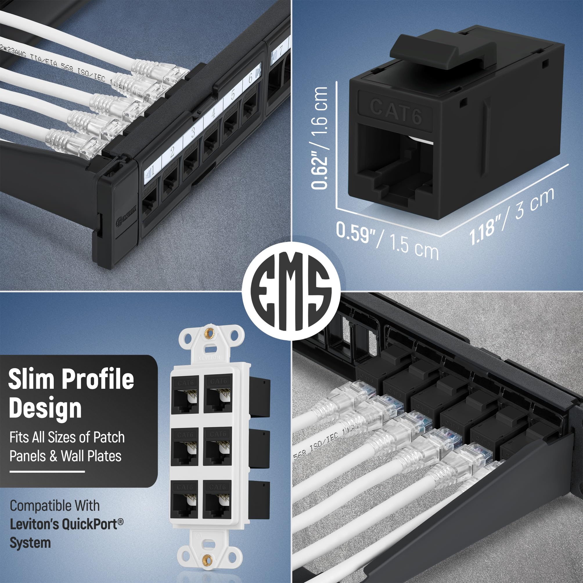 Everest Media Solutions Rj45 Cat6 Keystone Coupler In Black   12 Pack   Female To Female Ethernet Keystone Jack For Standard Wal