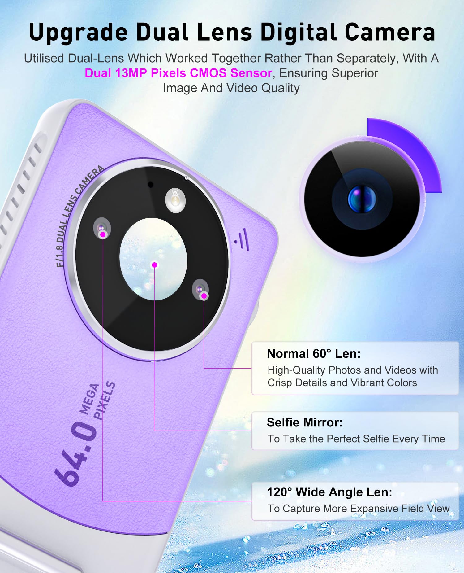 4K Digital Camera For Photography, Dual Lens 64Mp Vlogging Camera With Selfie Mirror, 120Ultra Wide Angle, 18X Digital Zoom, Vid