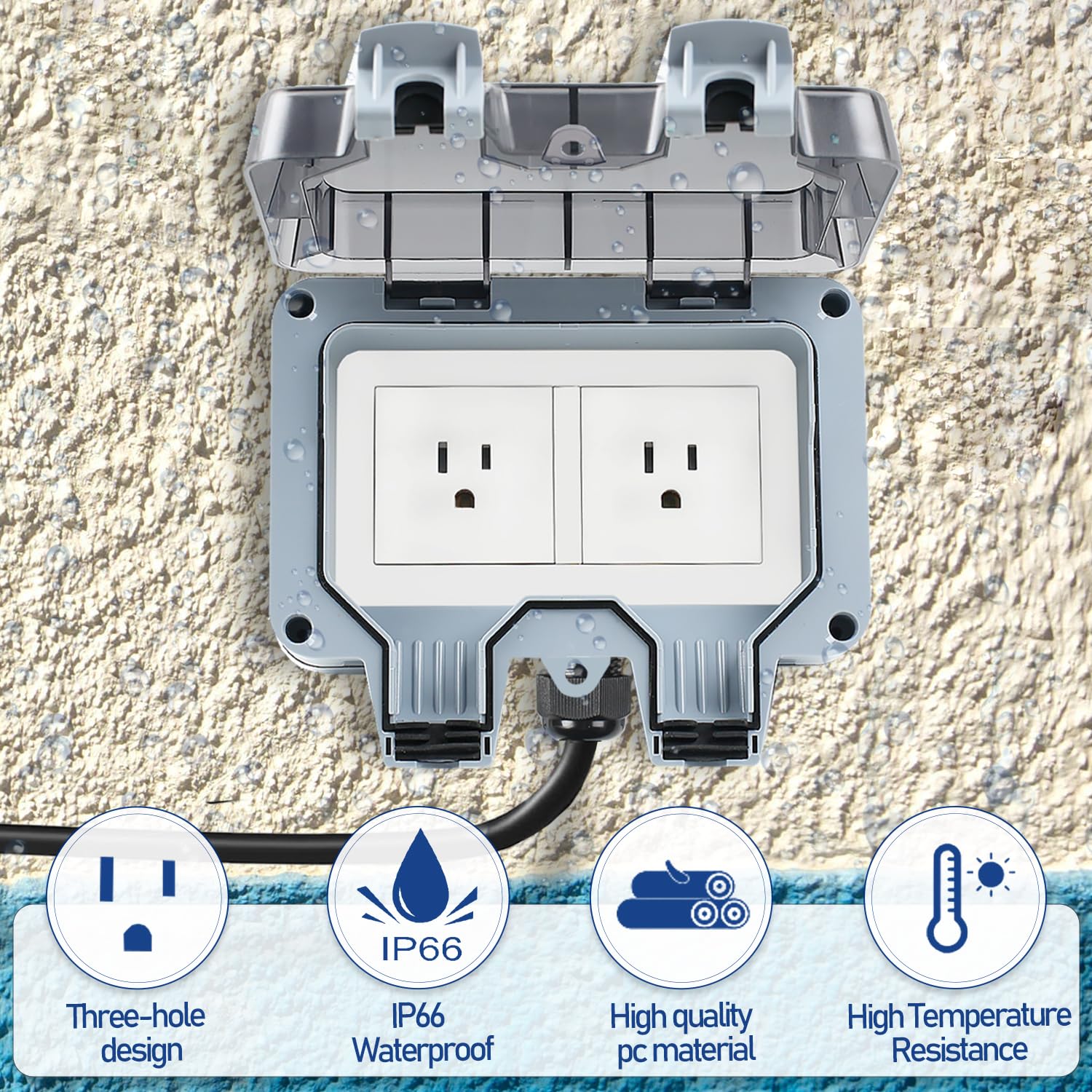 Zuyiyi Outdoor Power Outlet With 9.8Ft Extension Cord, Double Plug Outlet Extender, Weatherproof Waterproof Ip66 Outdoor Electri