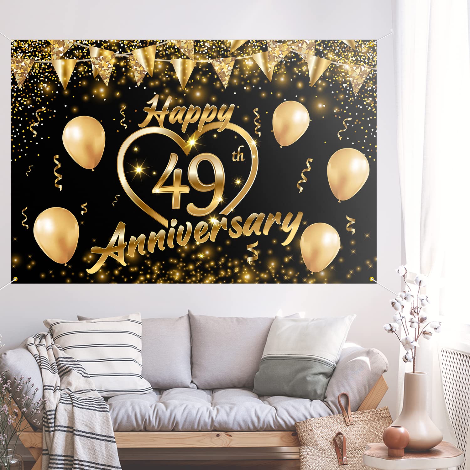 Happy 49Th Anniversary Backdrop Banner Decor Black Gold   Glitter Love Heart Happy 49 Years Wedding Anniversary Party Theme Deco