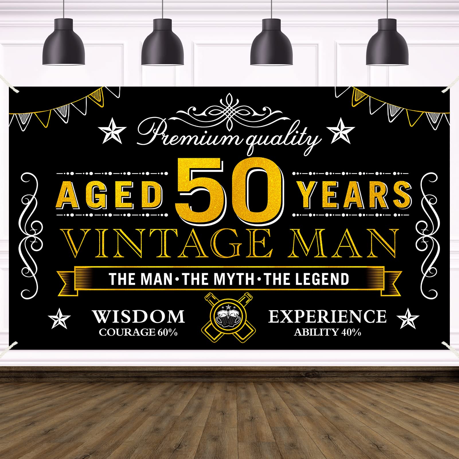Happy 50Th Birthday Banner Decorations For Men, Black Gold Vintage 50 Birthday Backdrop Sign Party Supplies, Fifty Year Old Birt